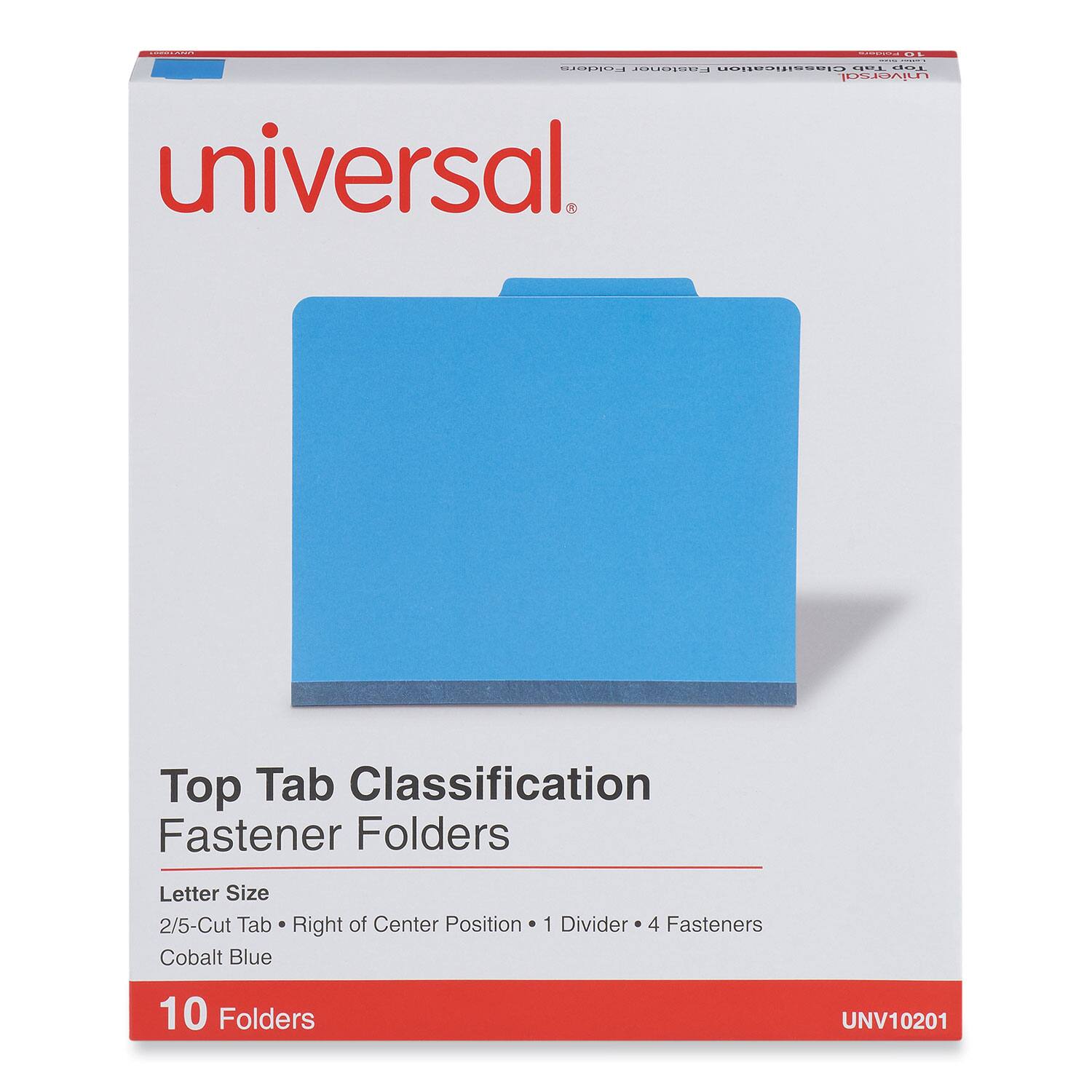Top Tab Classification  
Fastener Folders  

Letter Size  
2/5-Cut Tab • Right of Center Position • 1 Divider • 4 Fasteners  
Cobalt Blue  

10 Folders  

UNV10201