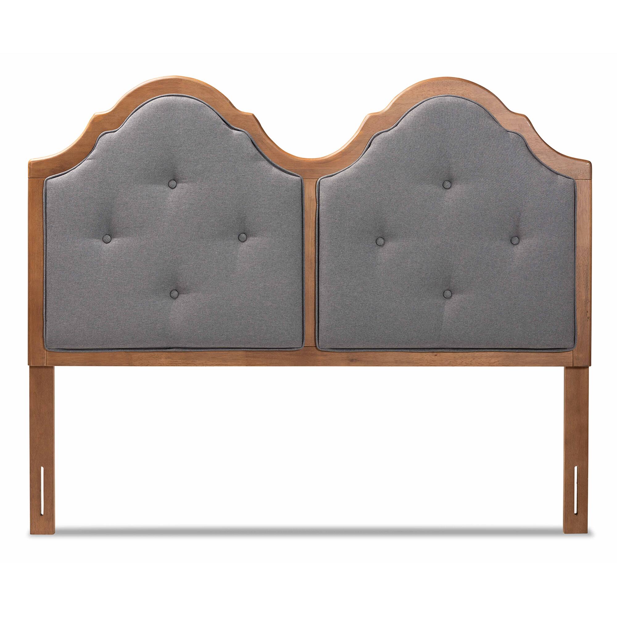 Angle. Baxton Studio - Falk Vintage Classic Traditional Fabric Upholstered and Finished Wood Queen Size Arched Headboard - Dark Grey/Walnut Brown.