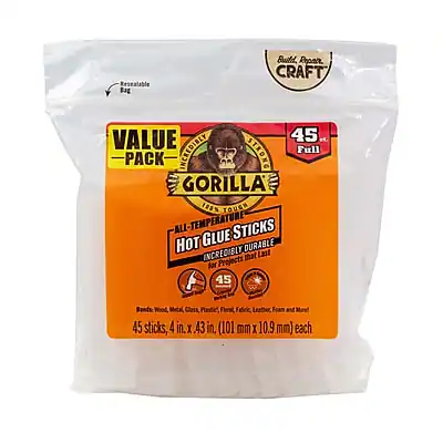 Certainly! Here is the corrected and grouped text:
---
**Resealable Bag**
**CRAFT VALUE 45-PACK**
**GORILLA**
**ALL-TEMPERATURE HOT GLUE STICKS**
**INCREDIBLY TOUGH**
**INCREDIBLY DURABLE**
**Projects that Last**
**45 Full Sticks**
**Bonds Wood, Metal, Glass, Plastic, Fabric, Leather, Foam, and More**
**45 sticks, 4 in. x 43 in. (101 mm x 10.9 mm) each**
---
**Gorilla Glue**
**CRAFT**