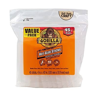 Certainly! Here is the corrected and grouped text:

---

**Resealable Bag**

**CRAFT VALUE 45-PACK**

**GORILLA**

**ALL-TEMPERATURE HOT GLUE STICKS**

**INCREDIBLY TOUGH**

**INCREDIBLY DURABLE**

**Projects that Last**

**45 Full Sticks**

**Bonds Wood, Metal, Glass, Plastic, Fabric, Leather, Foam, and More**

**45 sticks, 4 in. x 43 in. (101 mm x 10.9 mm) each**

---

**Gorilla Glue**

**CRAFT**