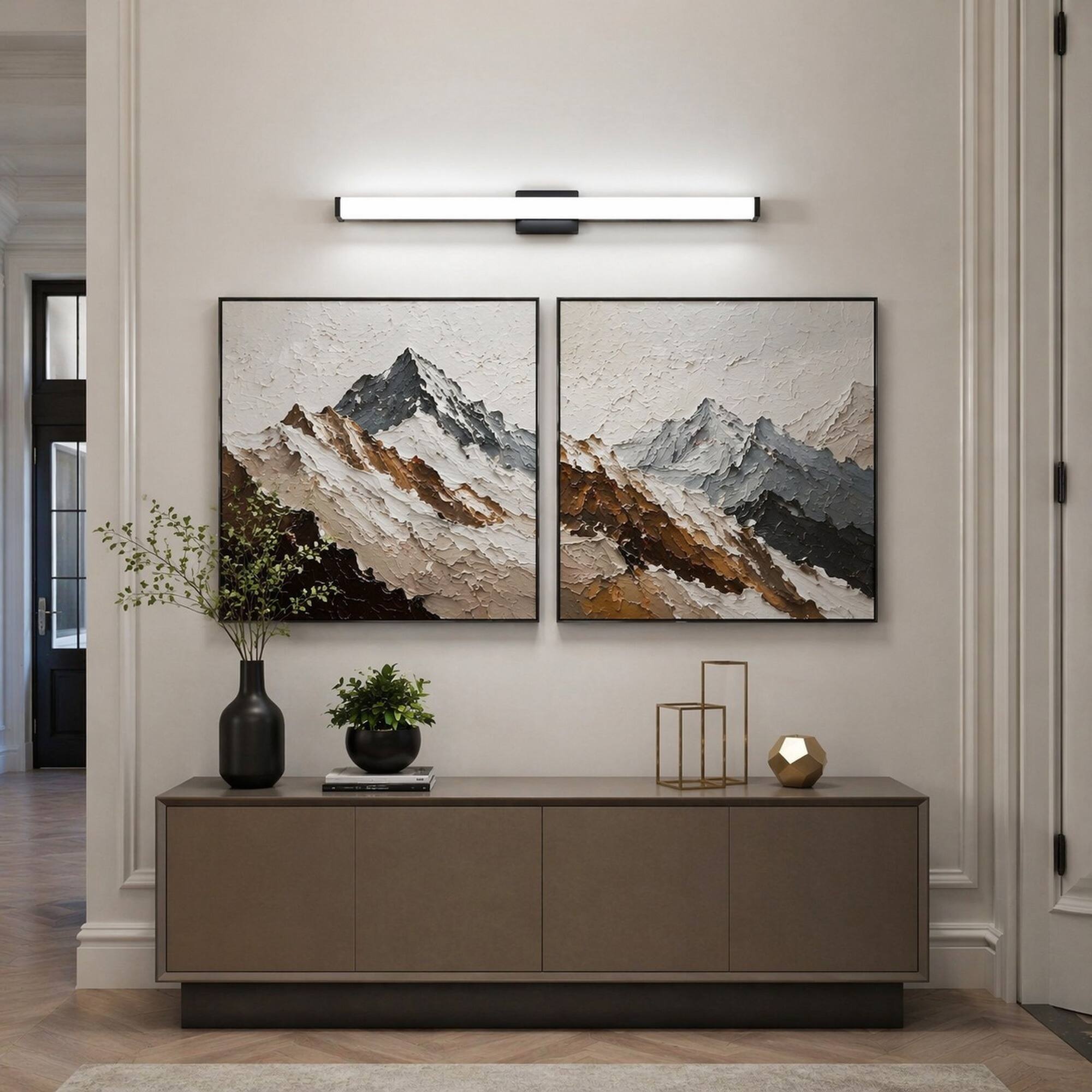 Alt View 1. RYHNUYNE - Modern Matte Black LED Vanity Light Bar for Bathroom Mirror, 33-Inch 18W Cool White 6000K Fixture, Wall Mount Above.