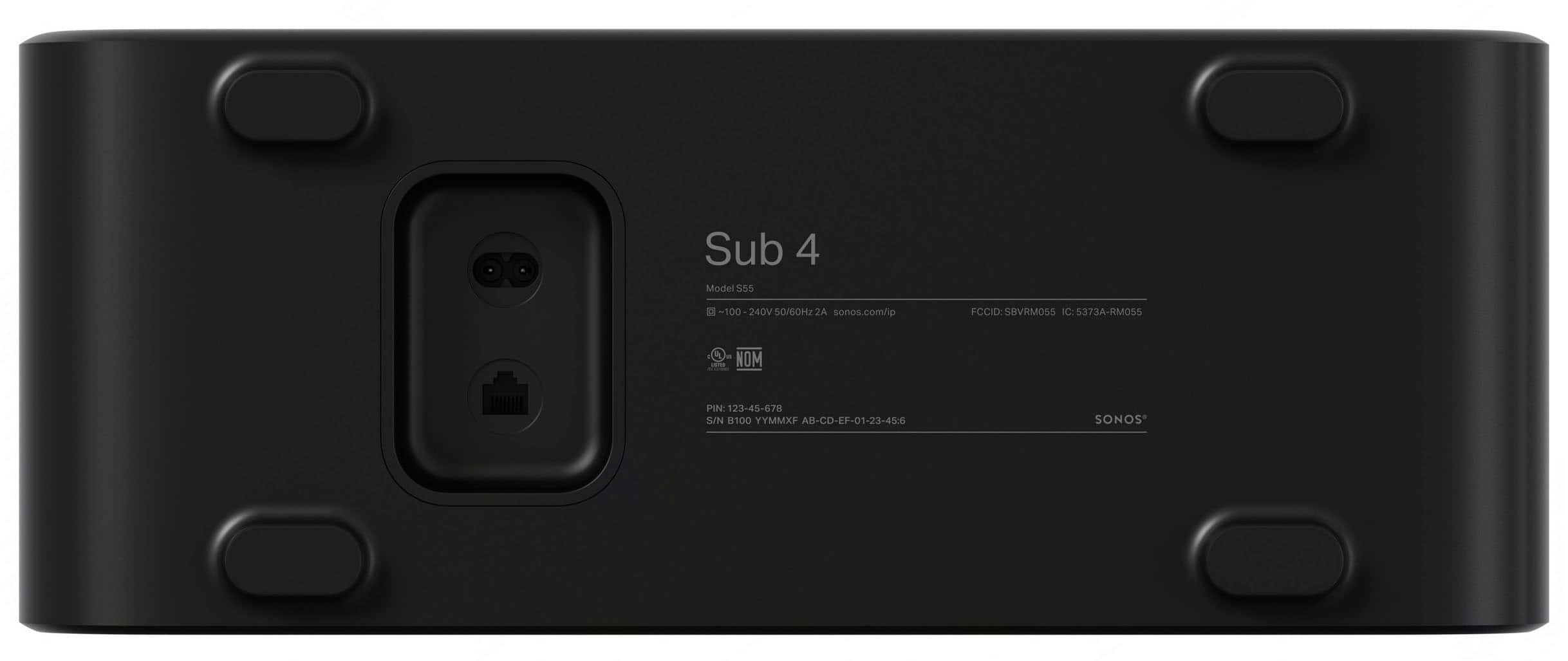Sub 4 Model 555 a -100-24DV 50/100Hz 2A sonos.com/ip FCCID SBVRMOSS IC 373A-RMOSS - - NOM PIN: 123-45-671 SUN 100 YYMMXF AB-CD-EF-01-23-45-6 SONOS