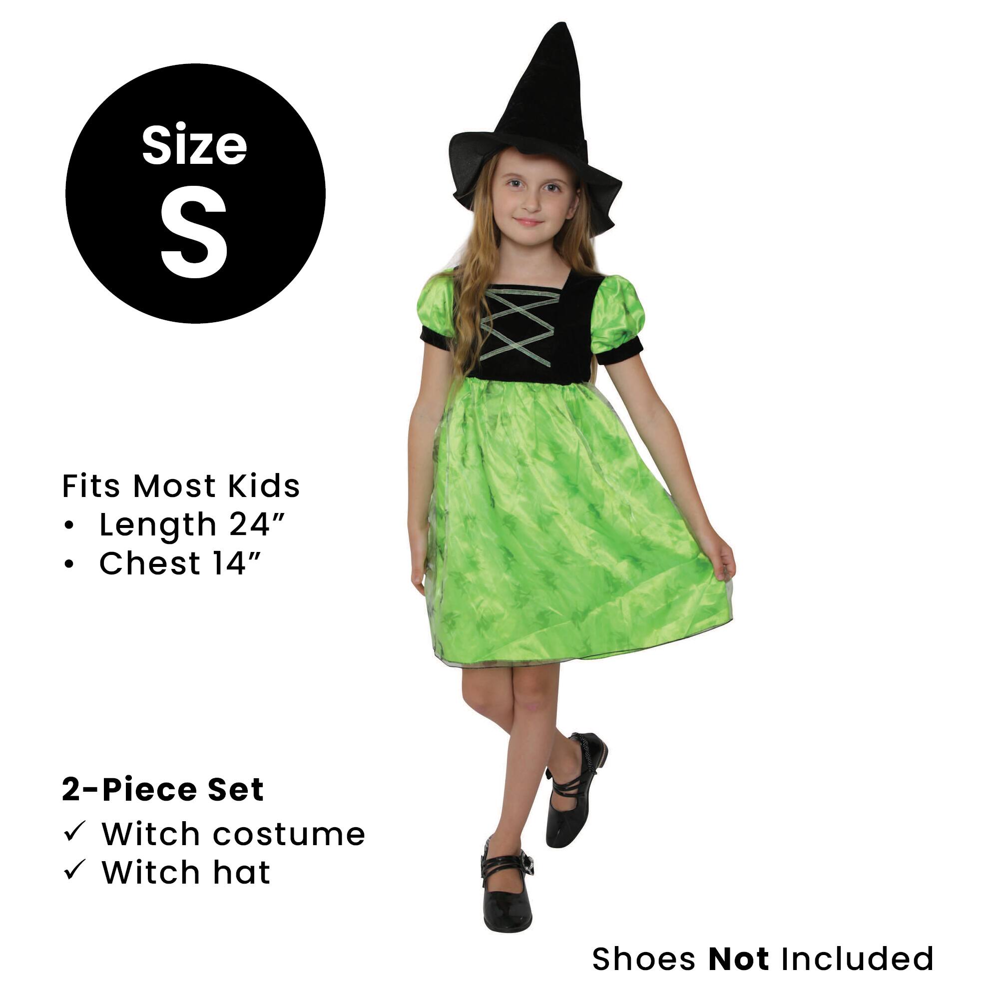 Size S  
Fits Most Kids  
Length 24"  
Chest 14"  

2-Piece Set  
✓ Witch costume  
✓ Witch hat  

Shoes Not Included