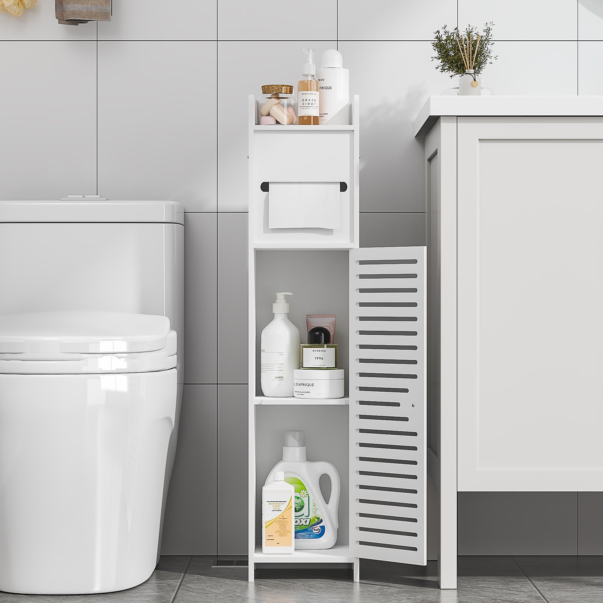 Vecelo - Narrow Bathroom Storage Cabinet with Toilet Paper Organizer-Space-Saving, Perfect for Small Bathrooms & Next to Toilets - White