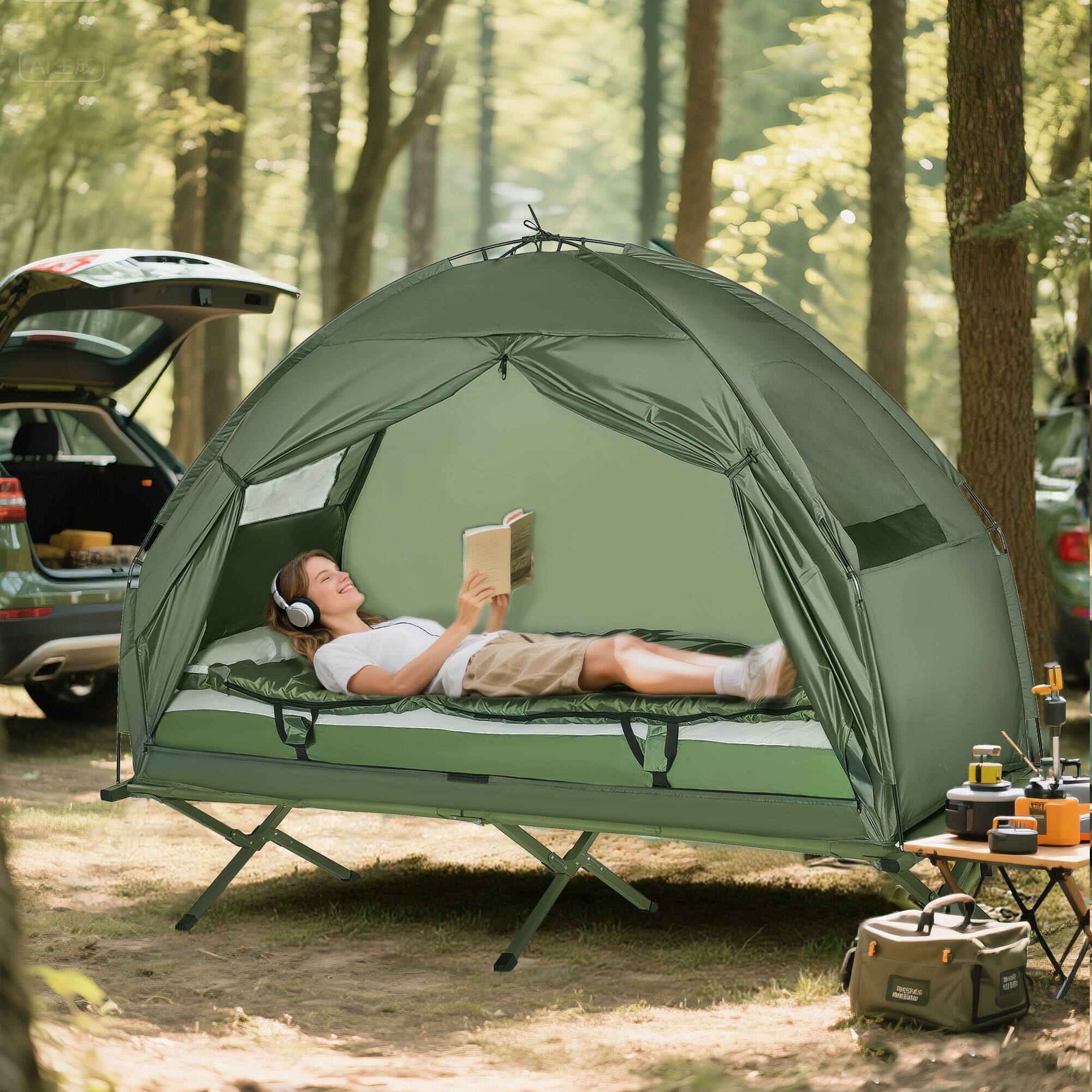 A green tent is set up in a forested area, with a person lying inside reading a book. The tent is attached to the back of a car, and there are camping supplies nearby.