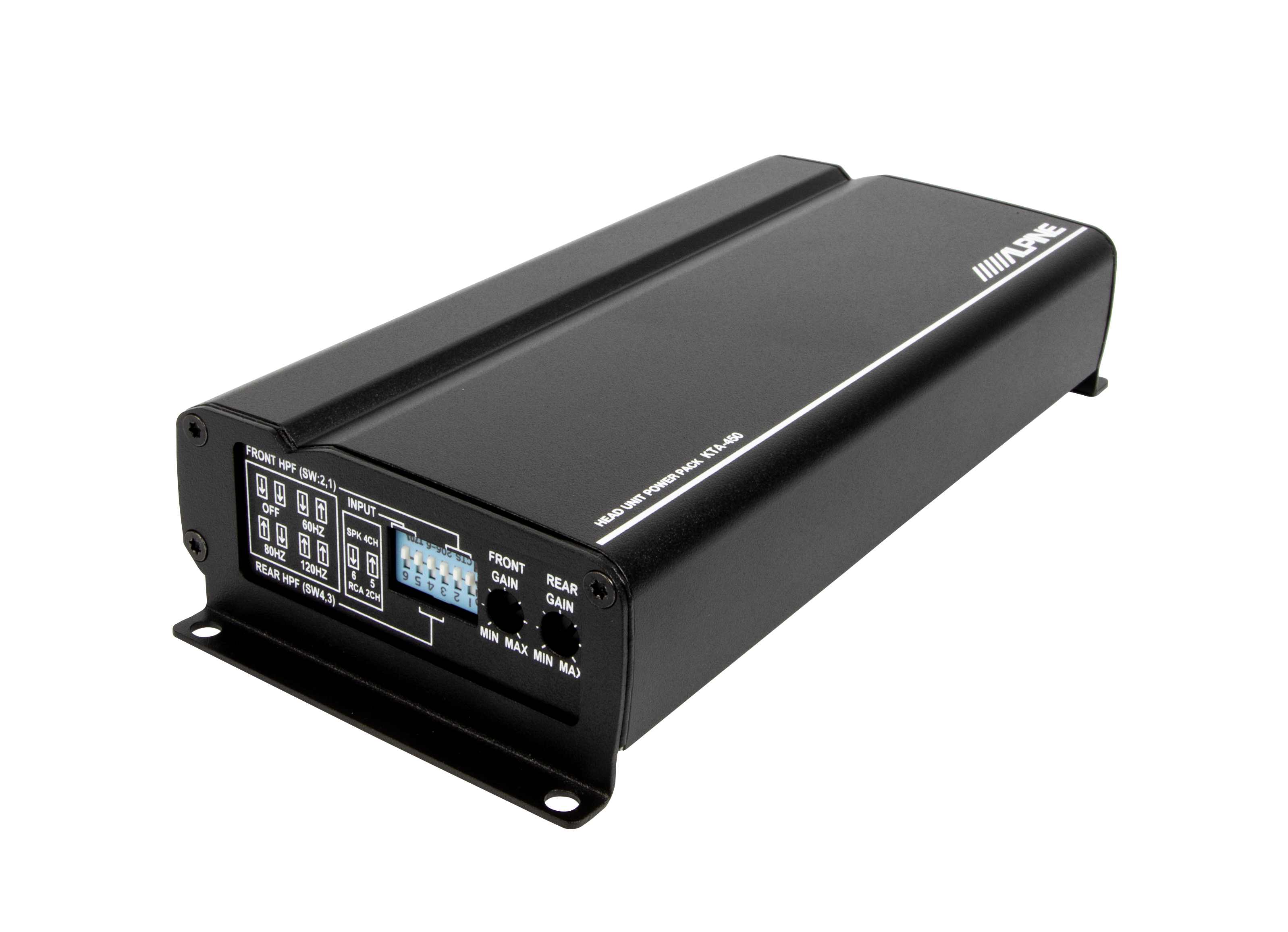 IIAPE KTA-480
HEAD UNIT POWER PACK
FRONT HFP (SW2.1)
- OFF
- 60HZ
- 80HZ
- 120HZ
REAR HFP (SW4.3)
- OFF
- 60HZ
- 80HZ
- 120HZ
INPUT
- 9PK 4CH
- RCA 2CH
FRONT GAIN
- MIN MAX
REAR GAIN
- MIN MAX
CAM
RCA 5
L L
R R