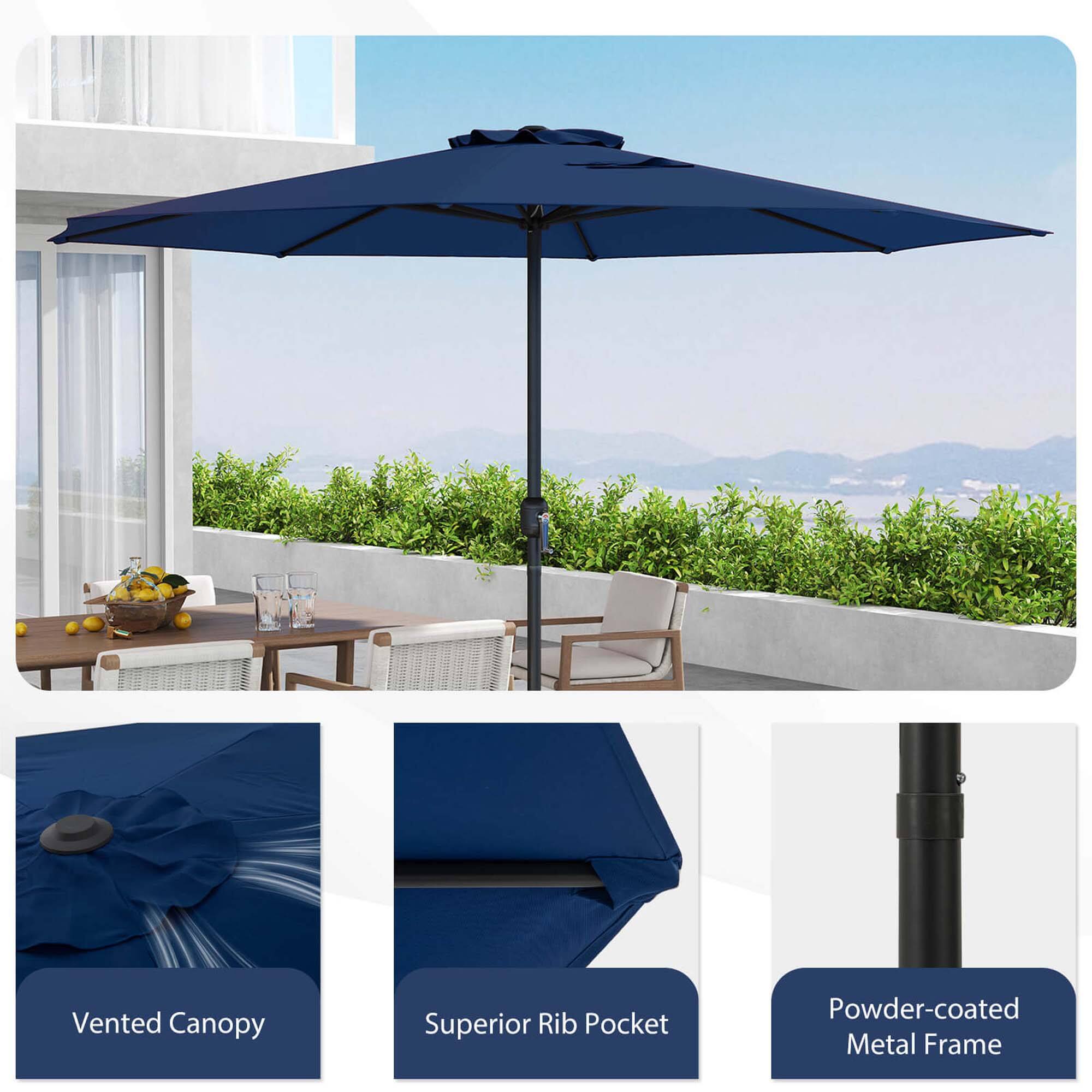 The text on the image reads: Vented Canopy Superior Rib Pocket Powder-coated Metal Frame.