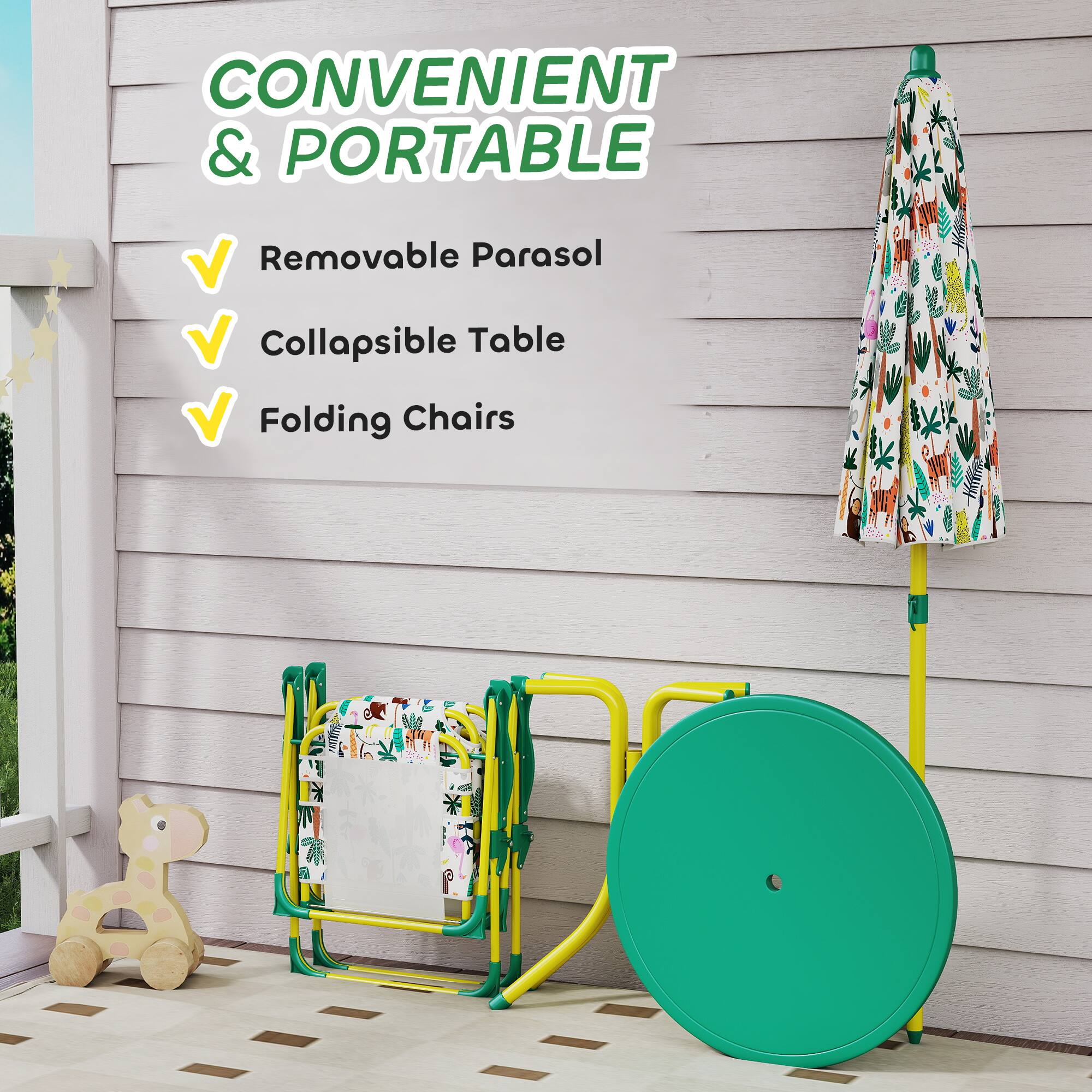 CONVENIENT & PORTABLE

- Removable Parasol
- Collapsible Table
- Folding Chairs
