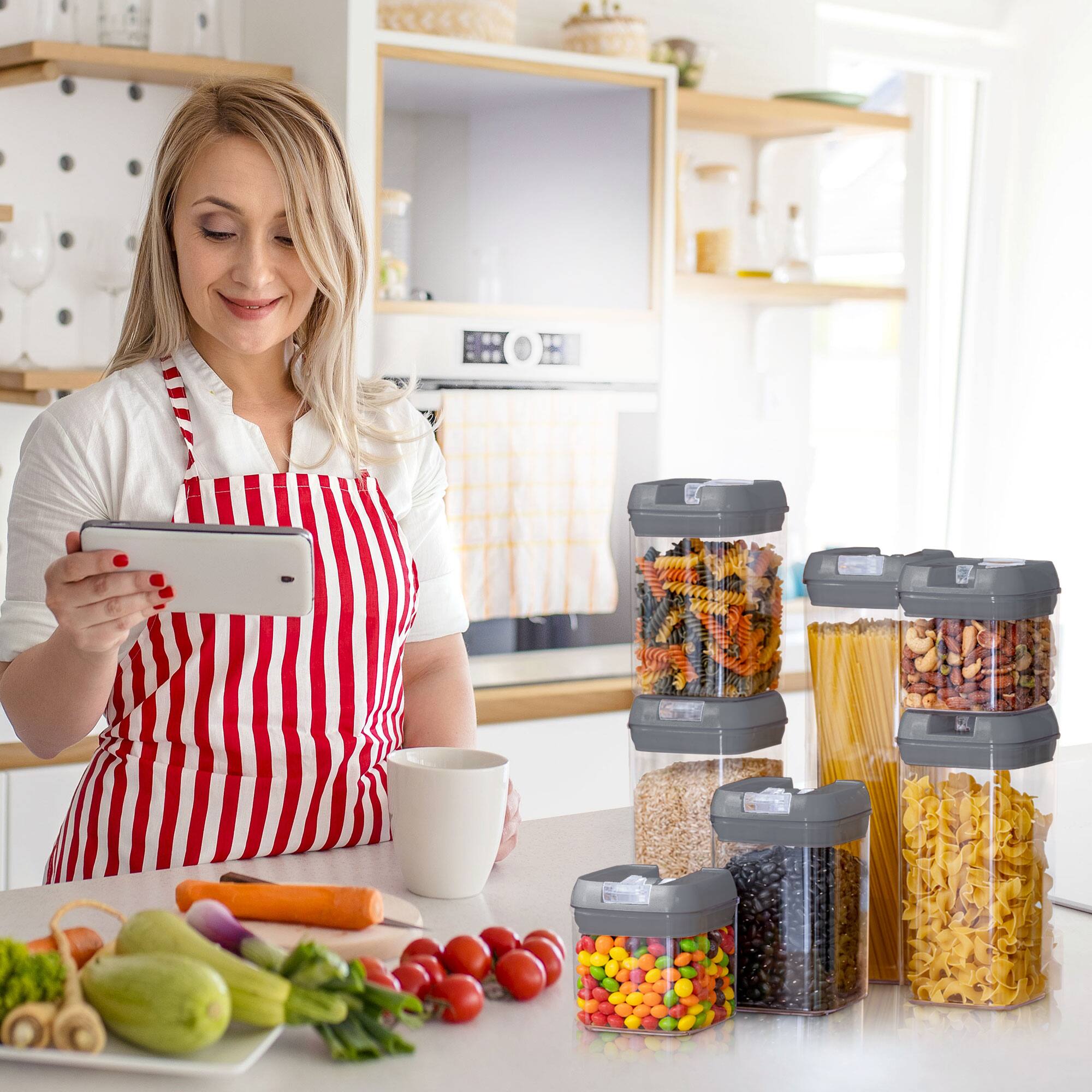 Alt View 1. Cheer Collection - 7-Piece Airtight Pantry Food Storage Container Set with Mixed Sizes, Flip-Top Lids & Reusable Labels - Grey.