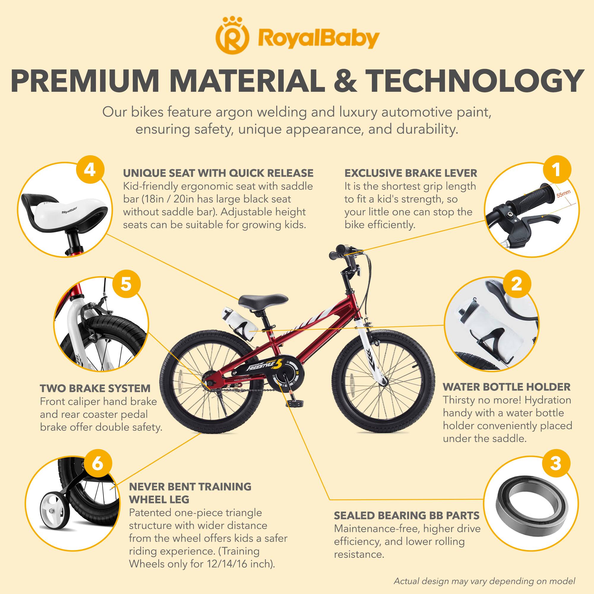 RoyalBaby PREMIUM MATERIAL & TECHNOLOGY  
Our bikes feature argon welding and luxury automotive paint, ensuring safety, unique appearance, and durability.  

1. EXCLUSIVE BRAKE LEVER  
It is the shortest grip length bar (18in / 20in has large black seat to fit a kid's strength, so your little one can stop the bike efficiently.  

2. TWO BRAKE SYSTEM  
Front caliper hand brake and rear coaster pedal brake offer double safety.  

3. SEALED BEARING BB PARTS  
Maintenance-free, higher drive efficiency, and lower rolling resistance.  

4. UNIQUE SEAT WITH QUICK RELEASE  
Kid-friendly ergonomic seat with saddle bar (18in / 20in has large black seat to fit a kid's strength, so without saddle bar). Adjustable height seats can be suitable for growing kids.  

5. WATER BOTTLE HOLDER  
Thirsty no more! Hydration handy with a water bottle holder conveniently placed under the saddle.  

6. NEVER BENT TRAINING WHEEL LEG  
Patented one-piece triangle structure with wider distance from the wheel offers kids a safer riding experience. (Training Wheels only for 12/14/16 inch).  

Actual design may vary depending