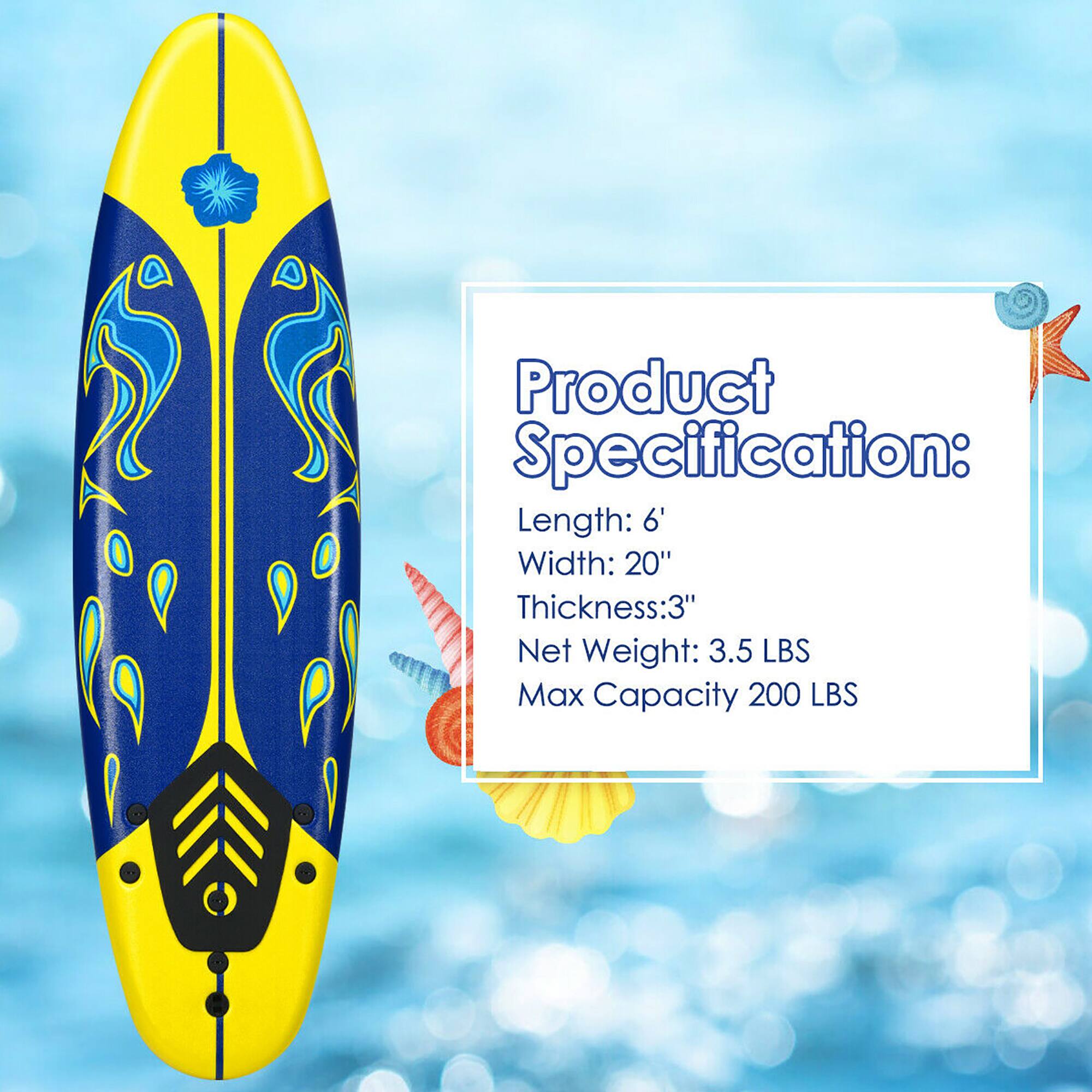 Product Specification:  
Length: 6'  
Width: 20"  
Thickness: 3"  
Net Weight: 3.5 LBS  
Max Capacity: 200 LBS