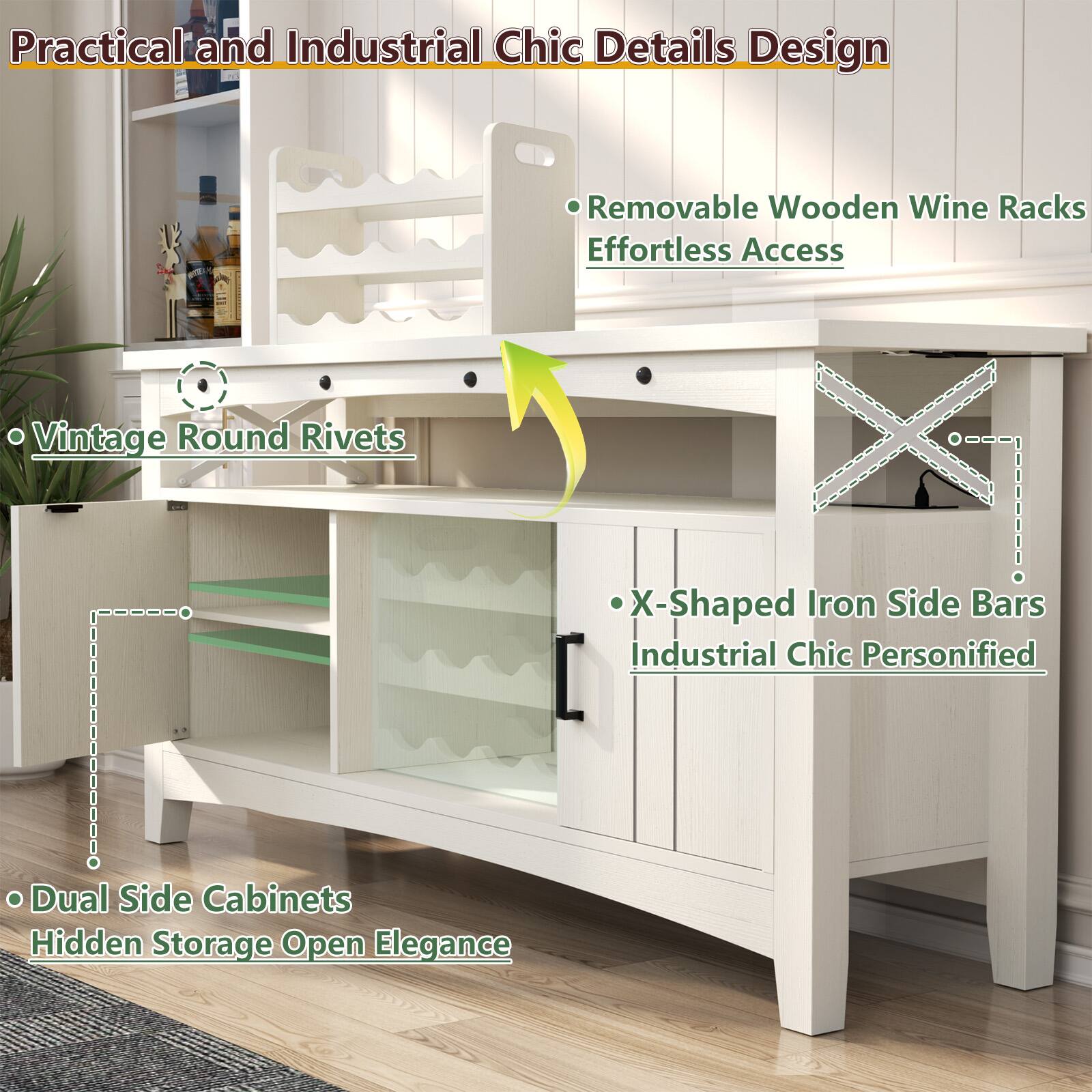Practical and Industrial Chic Details Design

- Vintage Round Rivets
- Removable Wooden Wine Racks Effortless Access
- Dual Side Cabinets Hidden Storage Open Elegance
- X-Shaped Iron Side Bars Industrial Chic Personified
