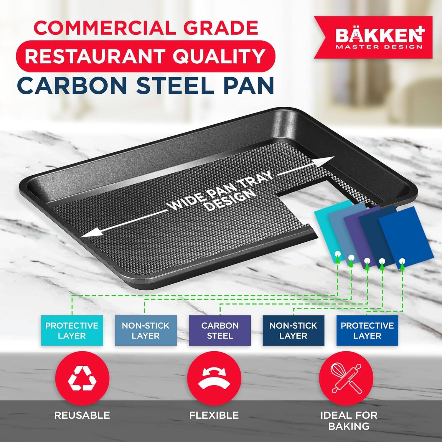 COMMERCIAL GRADE RESTAURANT QUALITY CARBON STEEL PAN BKKEN MASTER DESIGN PAN TRAY WIDE DESIGN PROTECTIVE NON-STICK LAYER CARBON STEEL NON-STICK PROTECTIVE LAYER REUSABLE FLEXIBLE IDEAL FOR BAKING