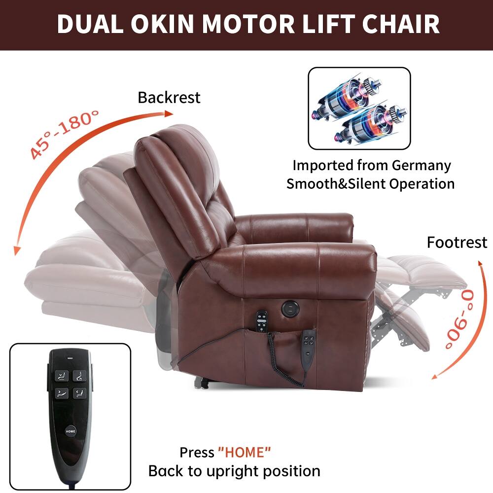 DUAL OKIN MOTOR LIFT CHAIR  
Backrest 45°-180°  
Imported from Germany  
Smooth&Silent Operation  
Footrest 0°-90°  

Press "HOME"  
Back to upright position