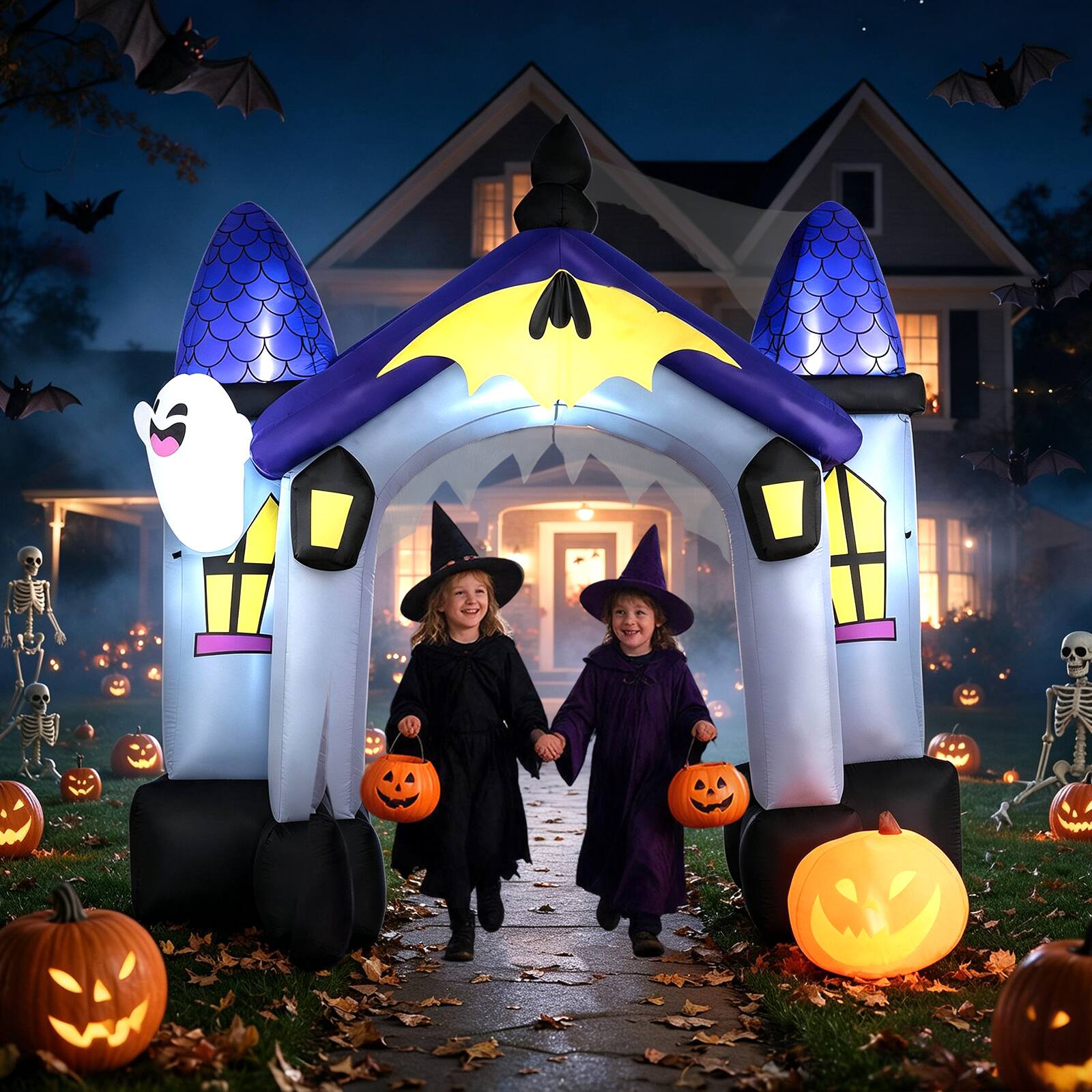 Alt View 4. Costway - Costway 9 FT Halloween Inflatable Archway with LED Lights, Ghost & Pumpkin, Built-in Blower - Multicolor.