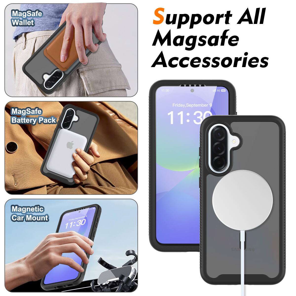 MagSafe Wallet  
MagSafe Battery Pack  
Magnetic Car Mount  

Support All MagSafe Accessories  

11:30  
Friday, September 9  
11:30