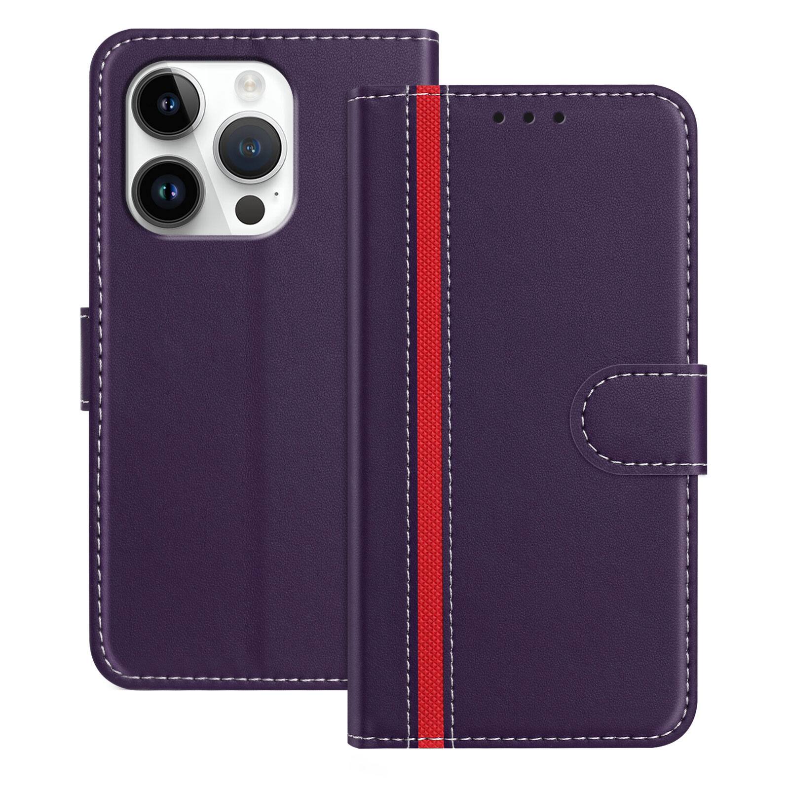 Front. Dteck - Slim Card Holder Case for Apple iPhone 16 Pro,PU Leather Magnetic Closure Shockproof TPU Inner Flip Wallet Cover - Purple.