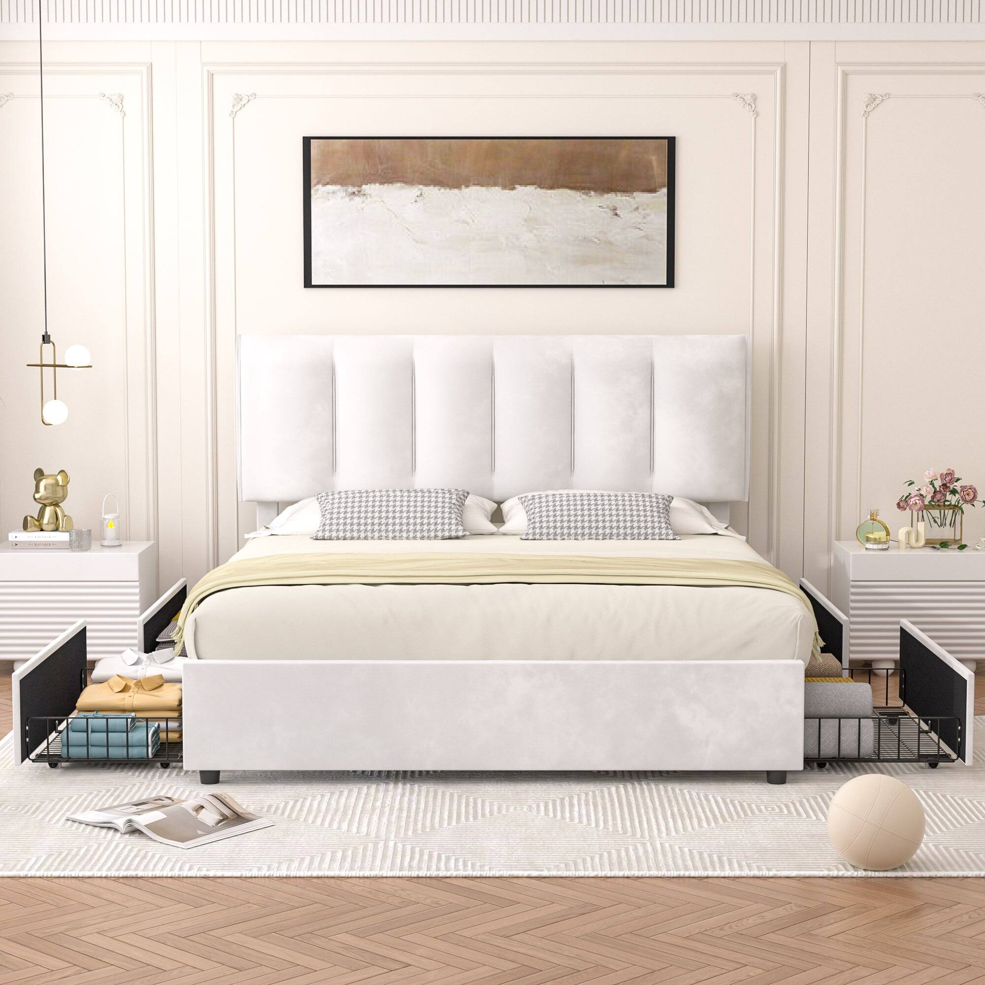 Alt View 2. Vecelo - Full Upholstered Bed Frame with 4 Storage Drawers, Adjustable Velvet Headboard, No Box Spring Needed, Metal Platform - White.