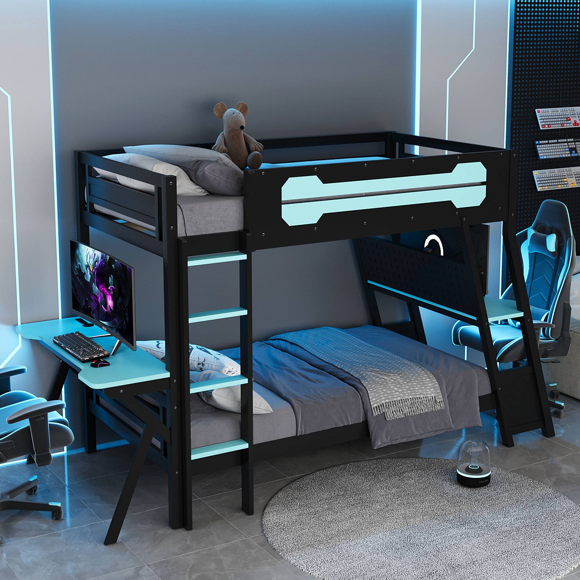 Left. Anysun - Twin Size Bunk Bed with Two Built-In Gaming Desks, USB Desktop Ports & Pegboard Organizer, Gaming Bunk Frame for Gamer - Blue.