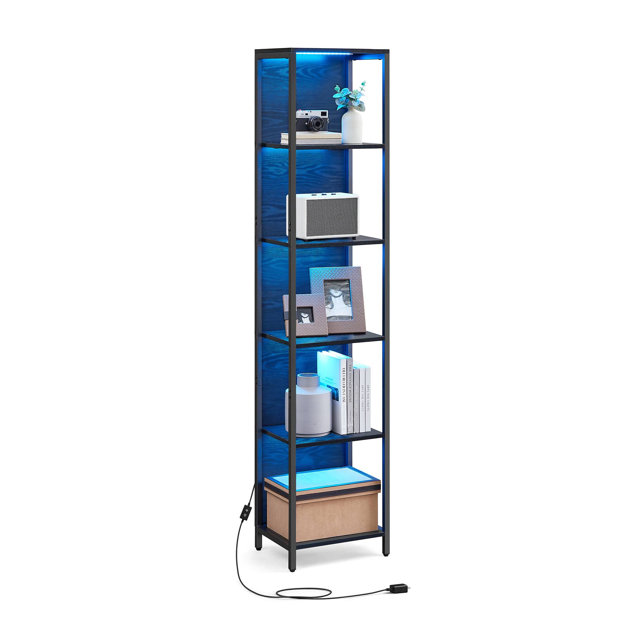 Front. Songmics Home - 6-Tier LED Bookshelf, Display Shelf with Dimmable Lights, LED Bookcase with Steel Frame, 11.9 x 15.7 x 70.3 Inches - Black with Wood Grain.