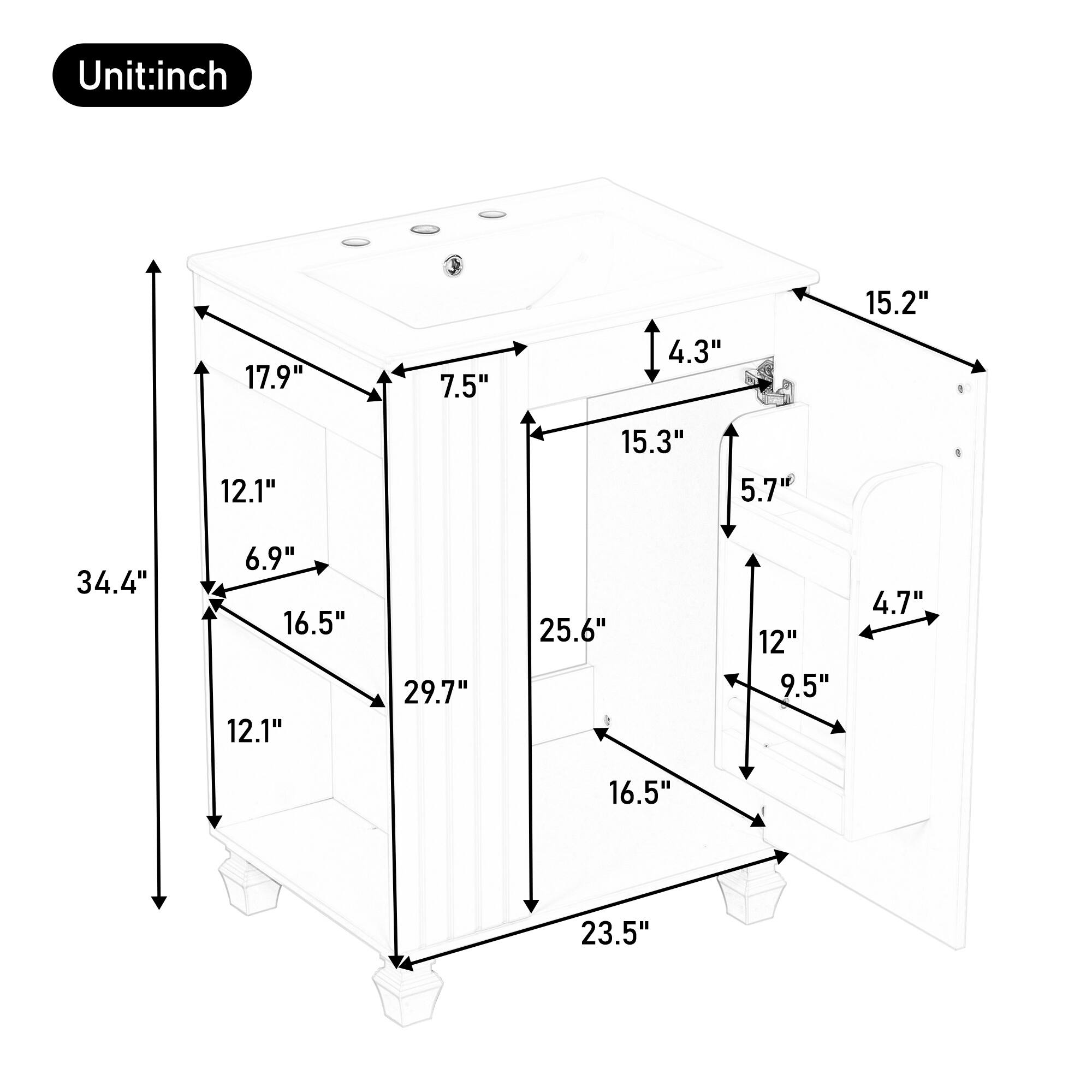 Unit: inch

- 17.9"
- 7.5"
- 4.3"
- 15.2"
- 12.1"
- 15.3"
- 5.7"
- 34.4"
- 6.9"
- 16.5"
- 12.1"
- 29.7"
- 25.6"
- 12"
- 9.5"
- 4.7"
- 16.5"
- 23.5"