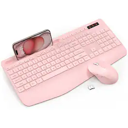 PRIMEPLUS - Wireless Keyboard Mouse Combo, Ergonomic Full-Size with Wrist Rest, Phone Holder, Silent Sleep Mode for Windows/Mac - Pink