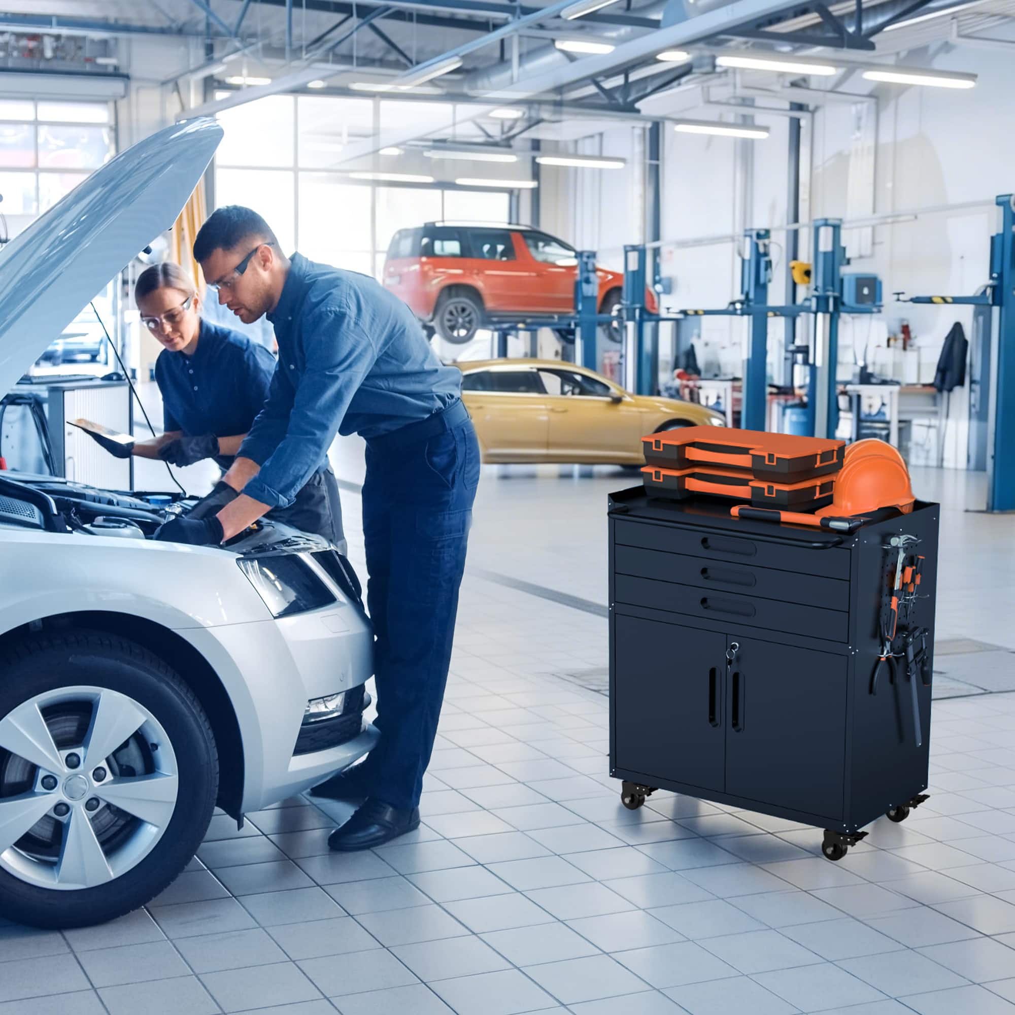 Anysun - 3-Drawer Heavy-Duty Mobile Metal Garage Storage Cabinet with Lockable Doors - Black