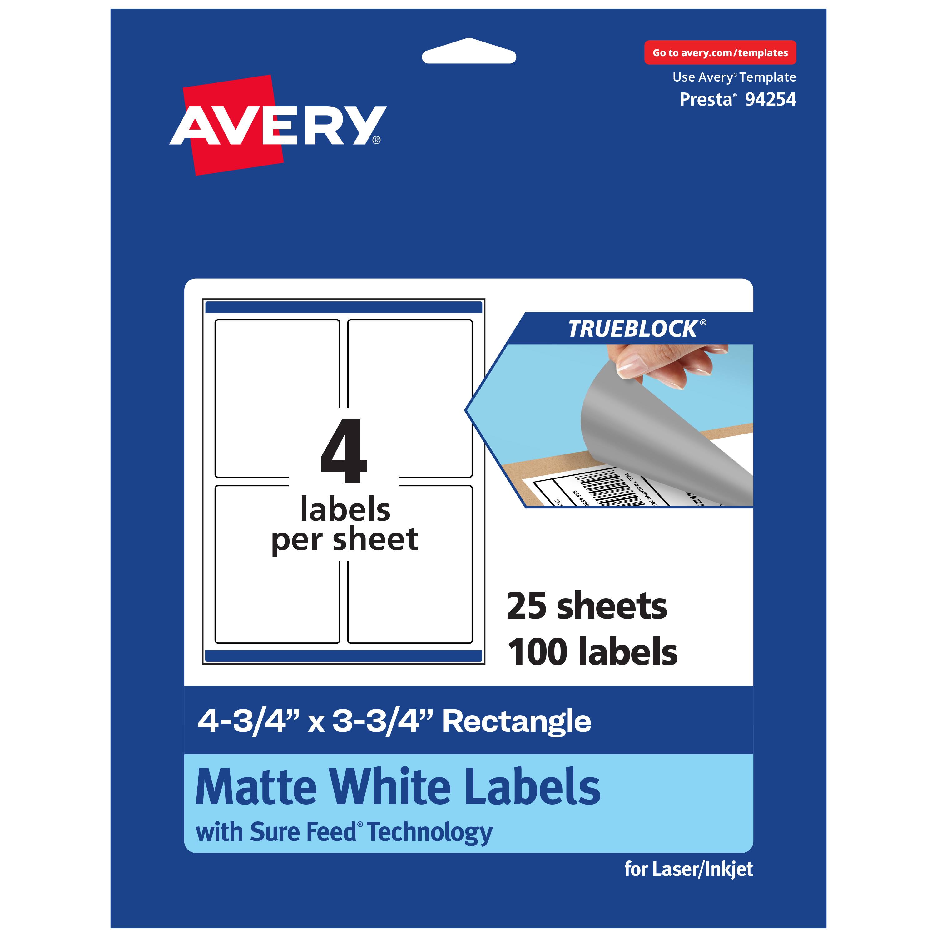 Go to avery.com/templates  
AVERY  
Use Avery Template Presta® 94254  

TRUEBLOCK®  
4 labels per sheet  
25 sheets 100 labels  
4-3/4" x 3-3/4" Rectangle  
Matte White Labels with Sure Feed® Technology for Laser/Inkjet