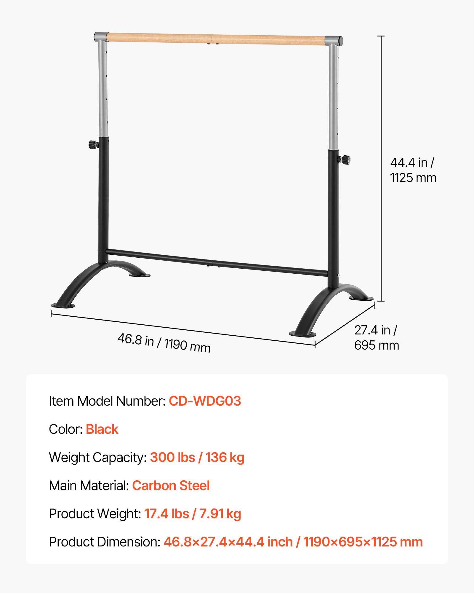 44.4 in / 1125 mm  
46.8 in / 1190 mm  
27.4 in / 695 mm  

Item Model Number: CD-WDG03  
Color: Black  
Weight Capacity: 300 lbs / 136 kg  
Main Material: Carbon Steel  
Product Weight: 17.4 lbs / 7.91 kg  
Product Dimension: 46.8x27.4x44.4 inch / 1190x695x1125 mm
