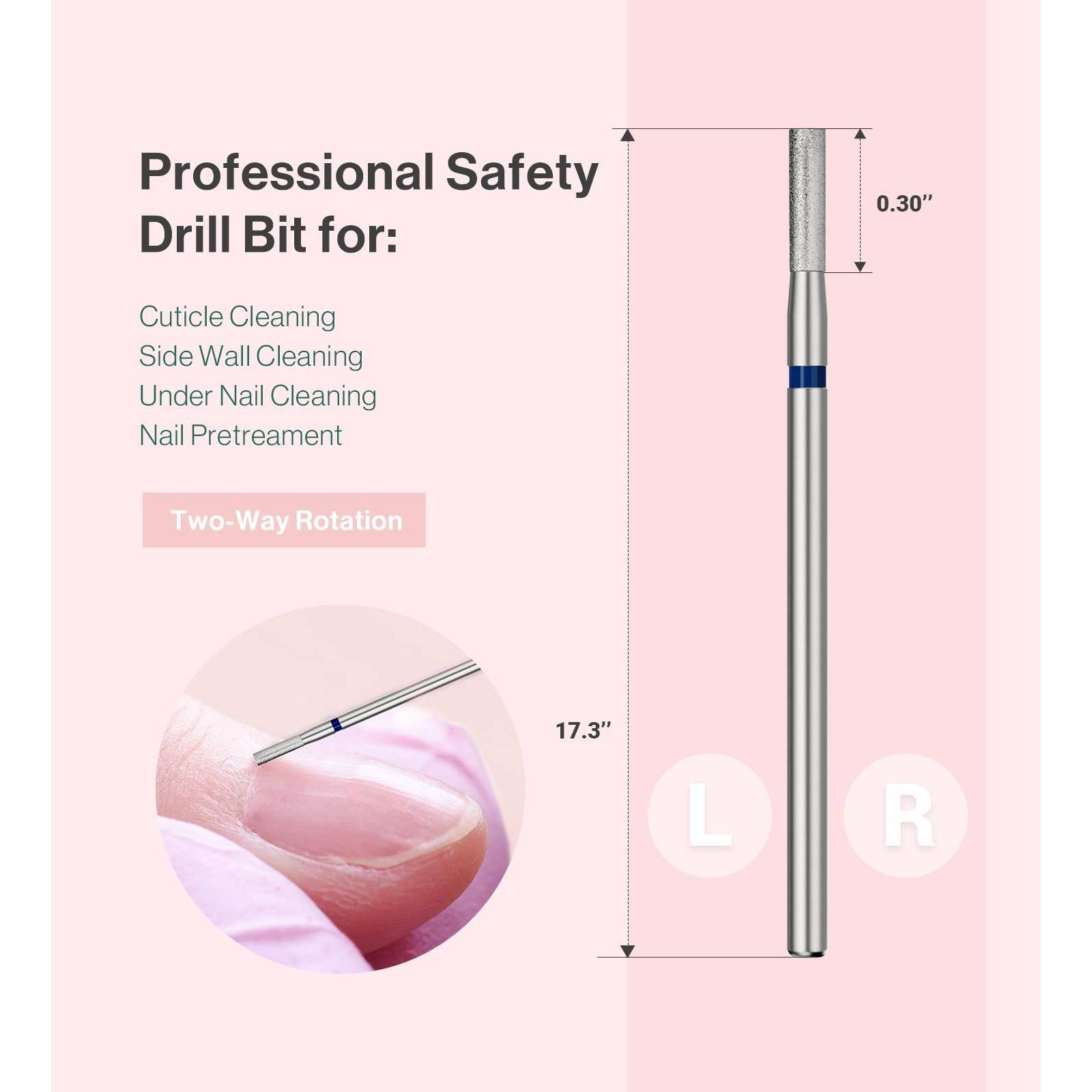 Professional Safety Drill Bit for:

- Cuticle Cleaning
- Side Wall Cleaning
- Under Nail Cleaning
- Nail Pretreatment

Two-Way Rotation

0.30"  
17.3" L R