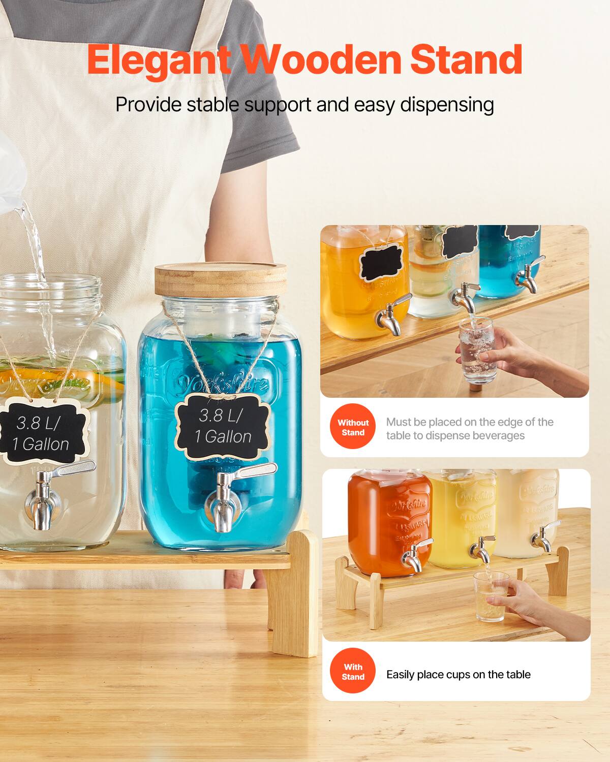 VEVOR - Beverage Dispenser, 3 Pack 1 Gallon Drink Dispensers for Parties, Glass Juice Dispenser with Wood Stand - Transparent - Thumbnail 2