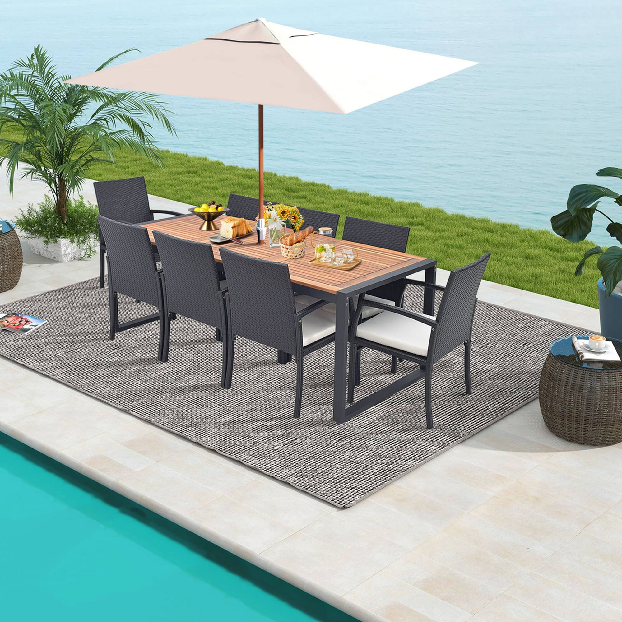 Alt View 3. Costway - 9 Pieces  Patio Rattan Dining Set with Acacia Wood Table, 1.9" Umbrella Hole - Mix Brown + Off White.