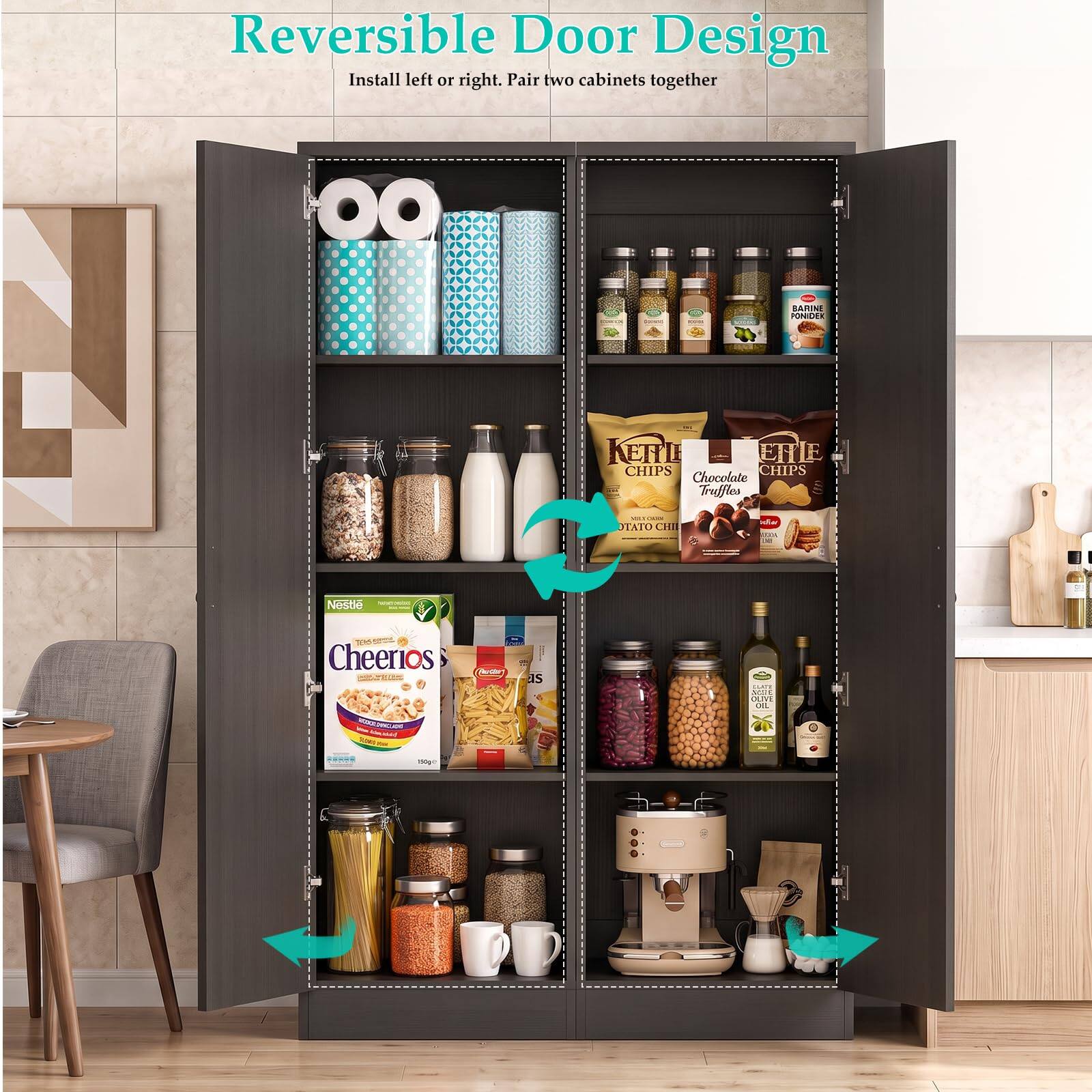 Reversible Door Design  
Install left or right. Pair two cabinets together

BARBINE PONDER  
KETTLE ERLE CHIPS  
CHIPS Chocolate Truffles  
- COOK POTATO CHIPS  
infor POOL  
Nestle  
TOW Cheerios  
Perfer  
1424  OLIVE DEL  
CHICLANT   -  
100g