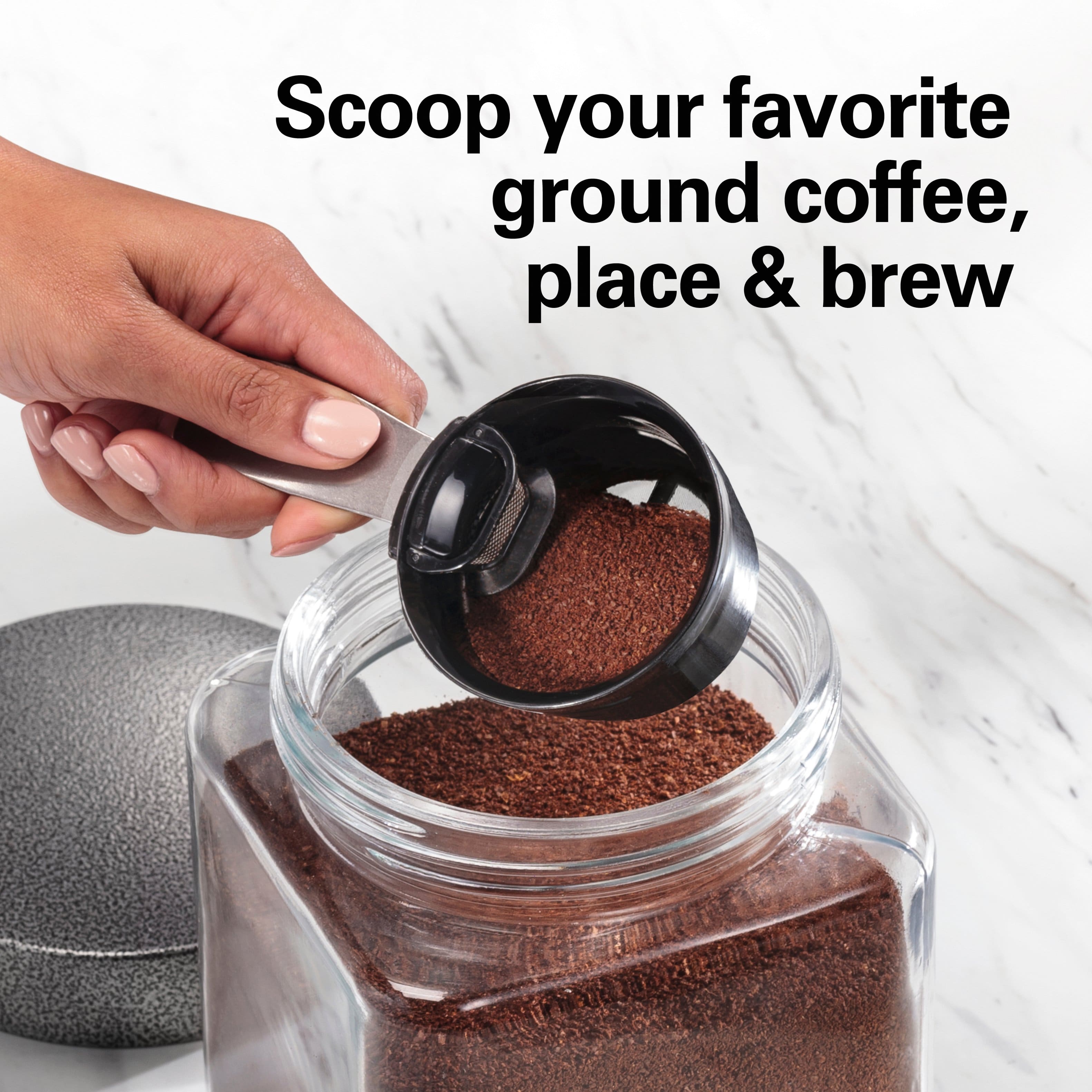 Scoop your favorite ground coffee, place & brew
