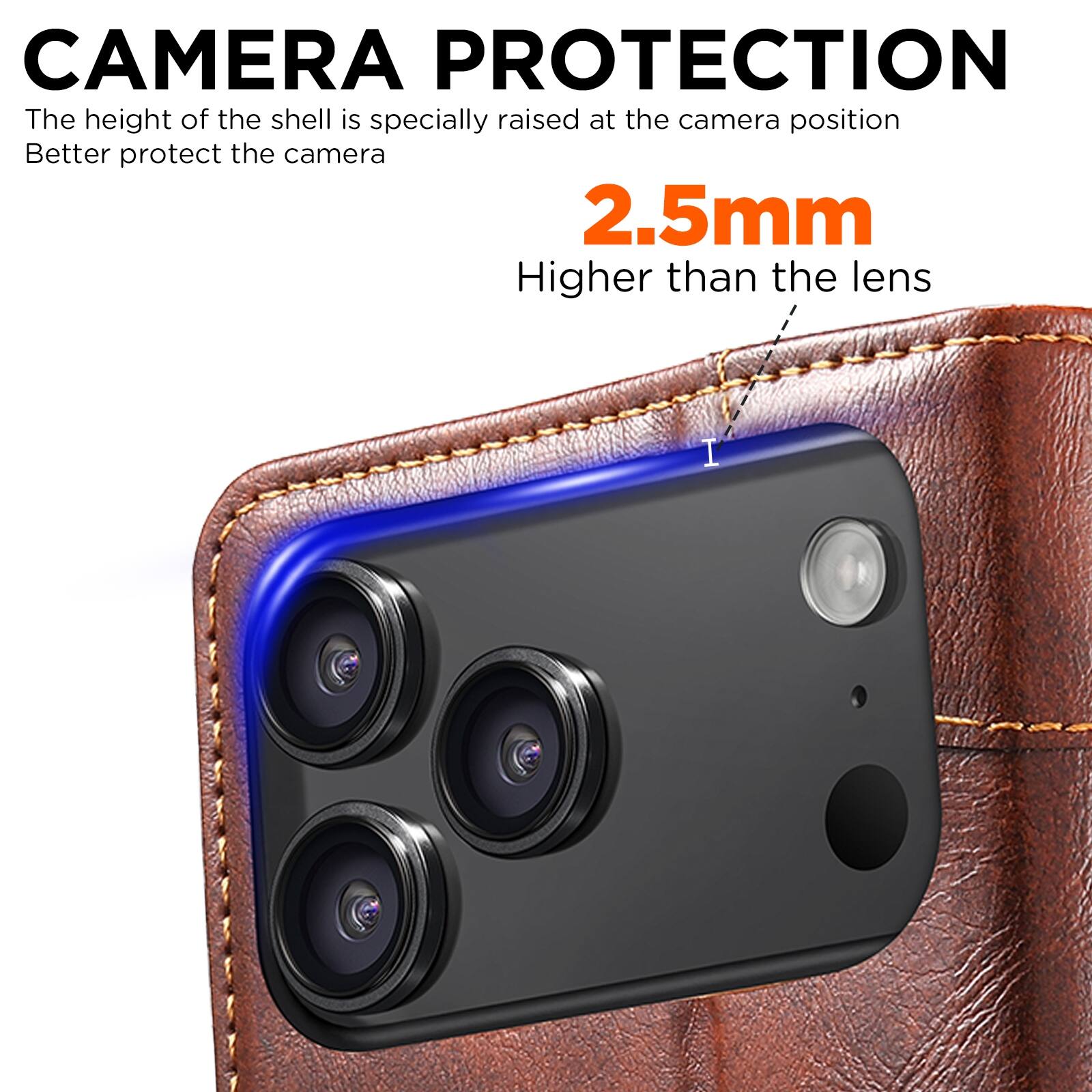 CAMERA PROTECTION  
The height of the shell is specially raised at the camera position  
Better protect the camera  

2.5mm  
Higher than the lens