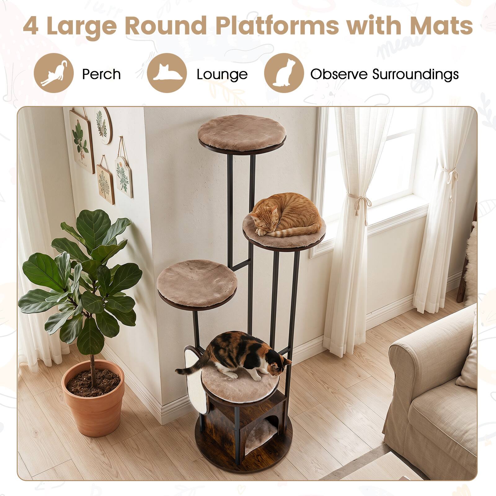 4 Large Round Platforms with Mats

- Perch
- Lounge
- Observe Surroundings
