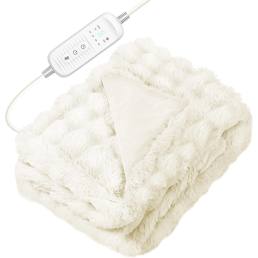MOSZAR LLC - Electric Heated Blanket Throw, 8 Heat Levels, Auto Off, Flannel Sherpa 50x60 - White