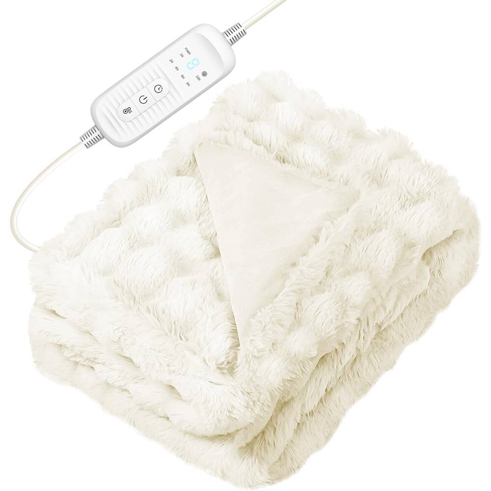 MOSZAR LLC - Electric Heated Blanket Throw, 8 Heat Levels, Auto Off, Flannel Sherpa 50x60 - White
