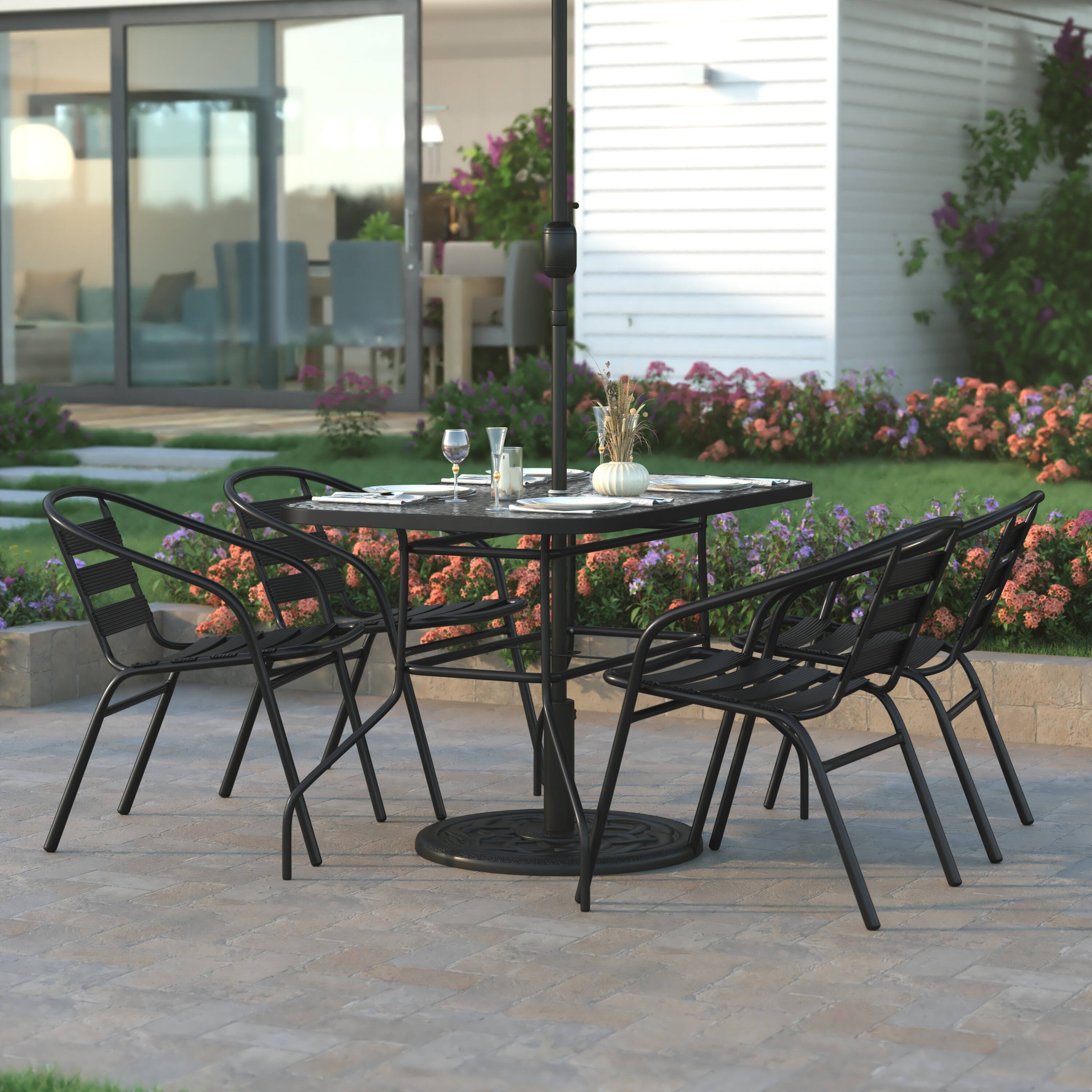 Alt View 1. Emma + Oliver - Rhea 5-Piece Patio Dining Table and Chairs Set with Tempered Glass Top Table, 4 Stack Triple Slat Chairs - Black.
