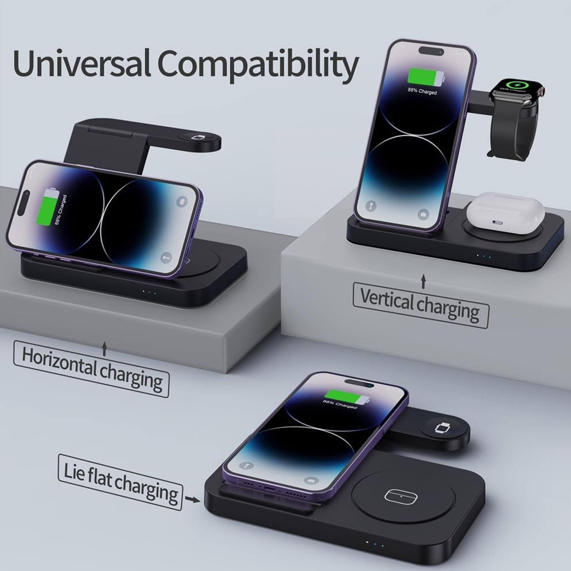 Universal Compatibility

- Horizontal charging
- Vertical charging
- Lie flat charging

80% Charged
60% Charged