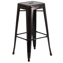Emma + Oliver - Commercial Grade 30"H Backless Metal Indoor-Outdoor Barstool with Square Seat - Black-Antique Gold