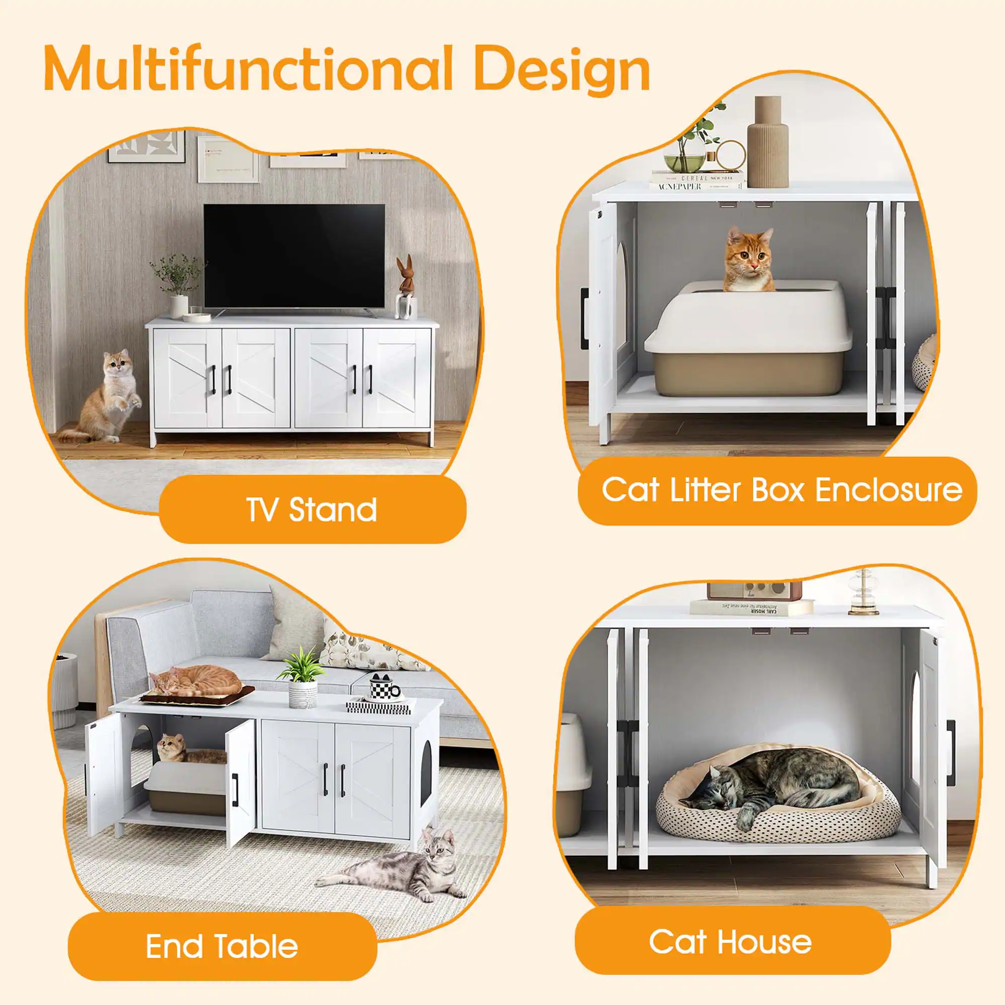 Multifunctional Design

- TV Stand
- Cat Litter Box Enclosure
- End Table
- Cat House