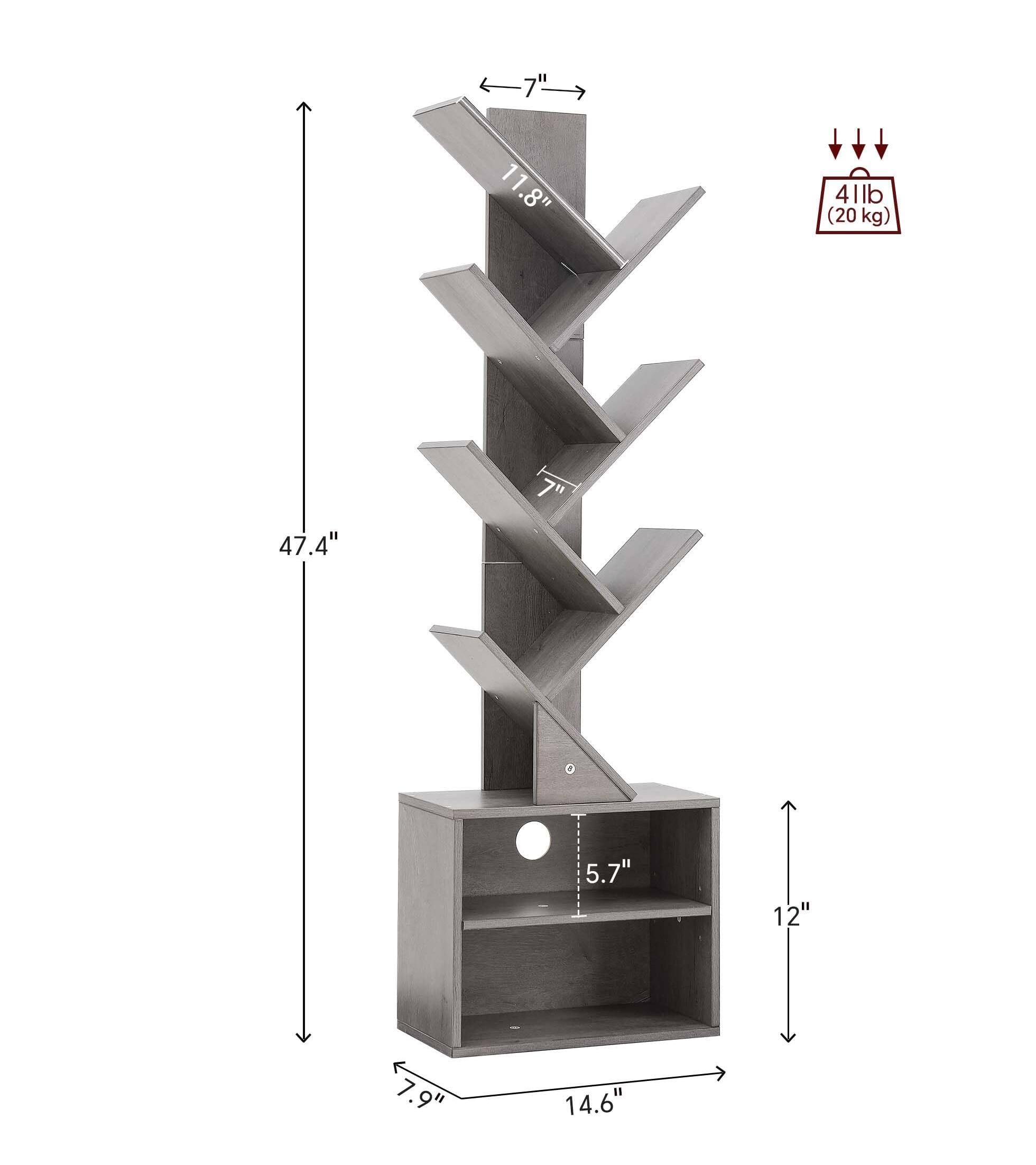 - Height: 47.4"
- Width: 14.6"
- Depth: 12"
- Shelf depth: 7.9"
- Shelf width: 11.8"
- Shelf spacing: 7"
- Bottom shelf depth: 5.7"
- Weight capacity: 41 lb (20 kg)