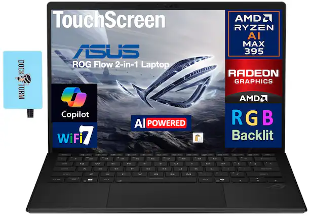 TouchScreen ASUS DOCK ROG Flow 2-in-1 Laptop TORM Copilot Al POWERED WiFi 7 - AMD RYZEN AI MAX 395 RADEON GRAPHICS AMD RGB Backlit