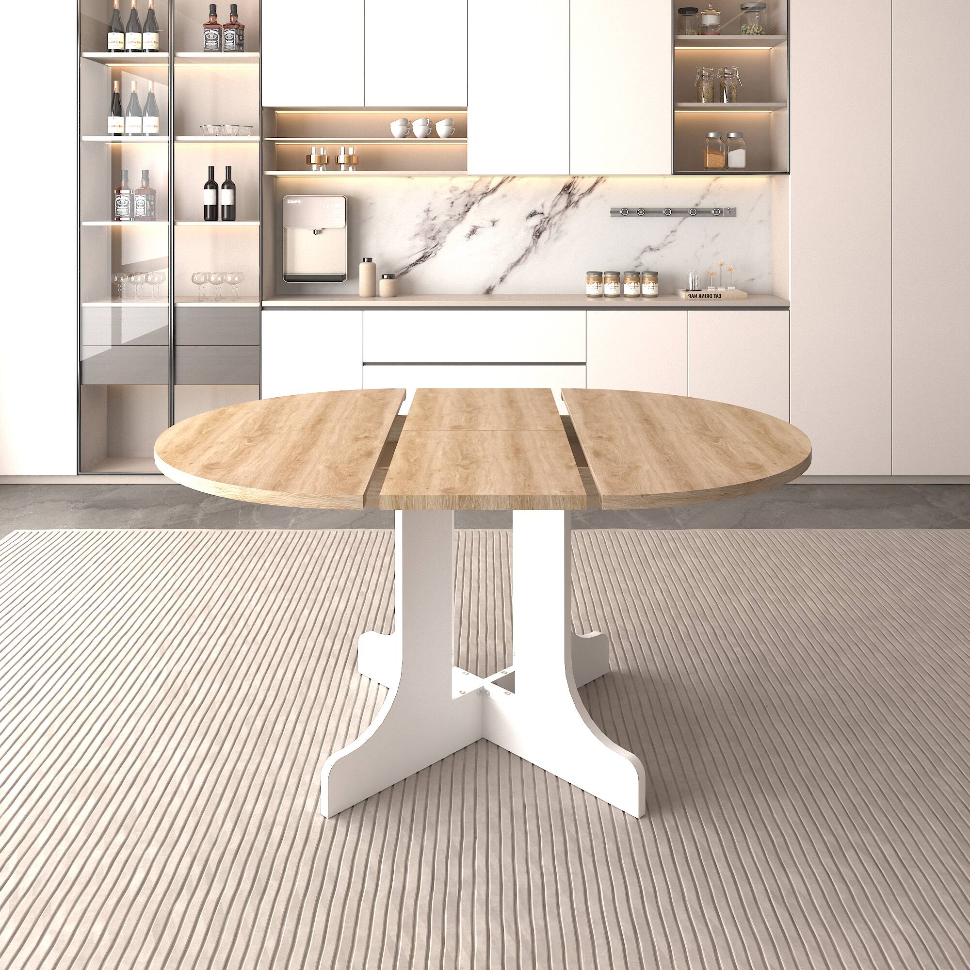 Angle. Tiramisubest - Dining Table for Farmhouse Kitchen 59x43 Inch Expandable Oval Table Top with Removable Leaf Trestle X Shaped Base,White - White Oak.