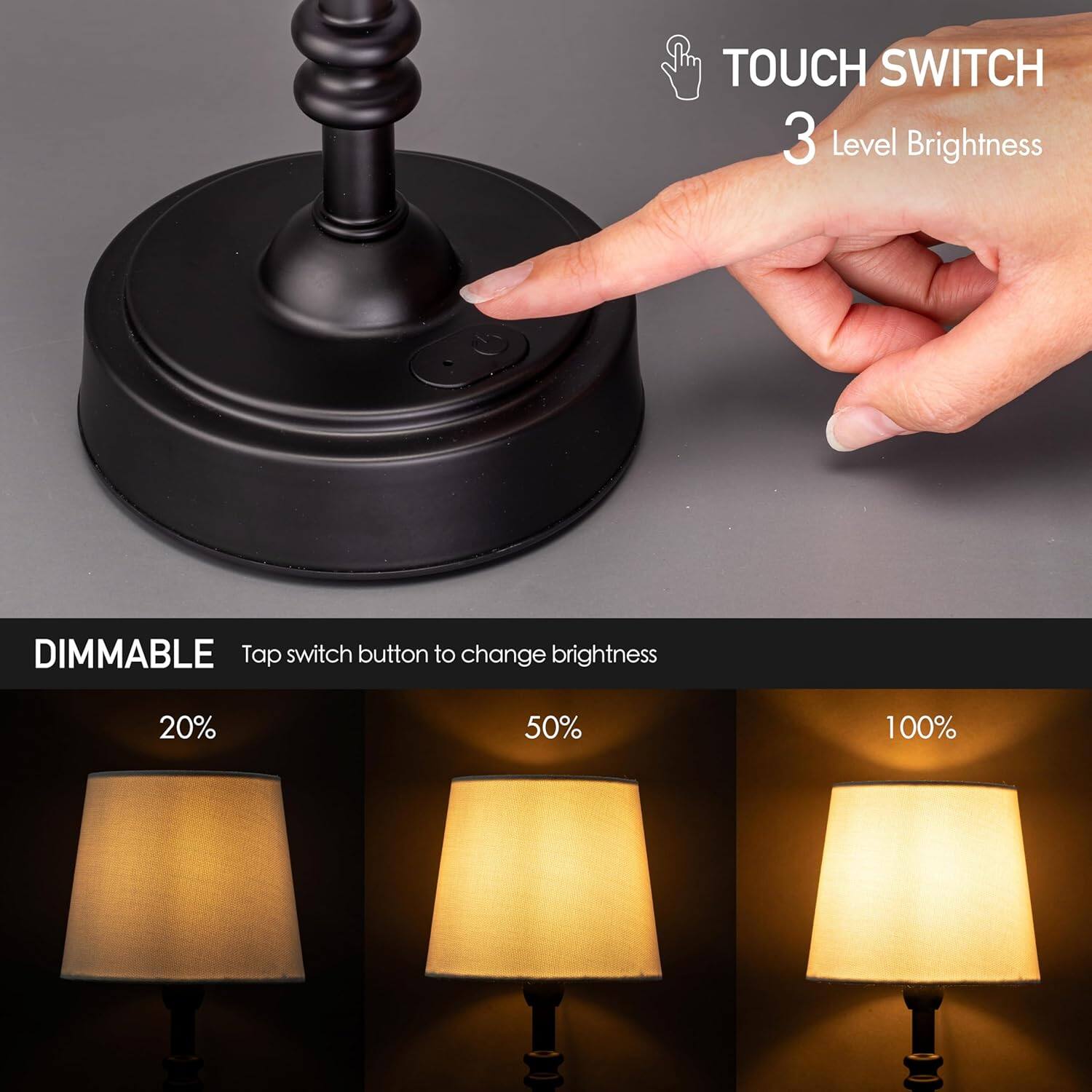 TOUCH SWITCH  
3 Level Brightness  

DIMMABLE  
Tap switch button to change brightness  

20%  
50%  
100%