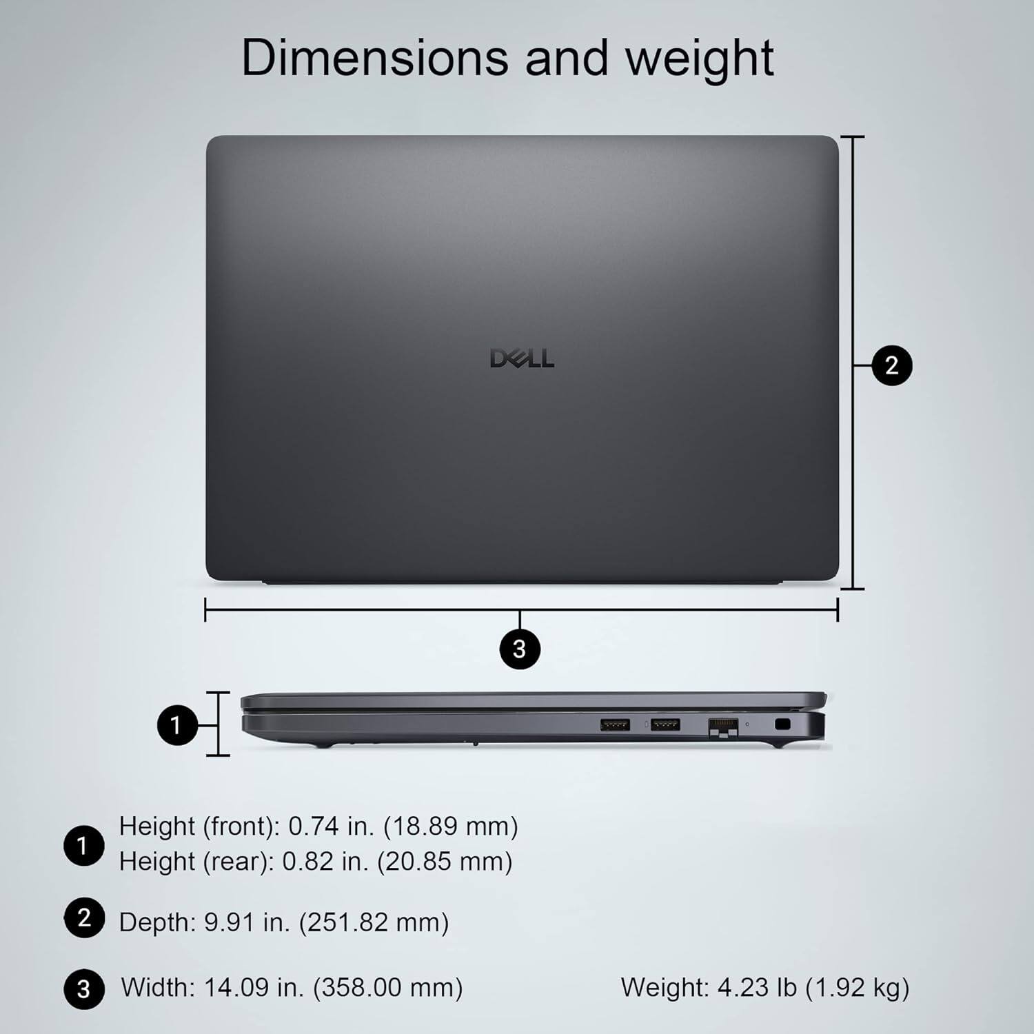 Dimensions and weight

1. Height (front): 0.74 in. (18.89 mm)
2. Height (rear): 0.82 in. (20.85 mm)
3. Depth: 9.91 in. (251.82 mm)
4. Width: 14.09 in. (358.00 mm)
5. Weight: 4.23 lb (1.92 kg)