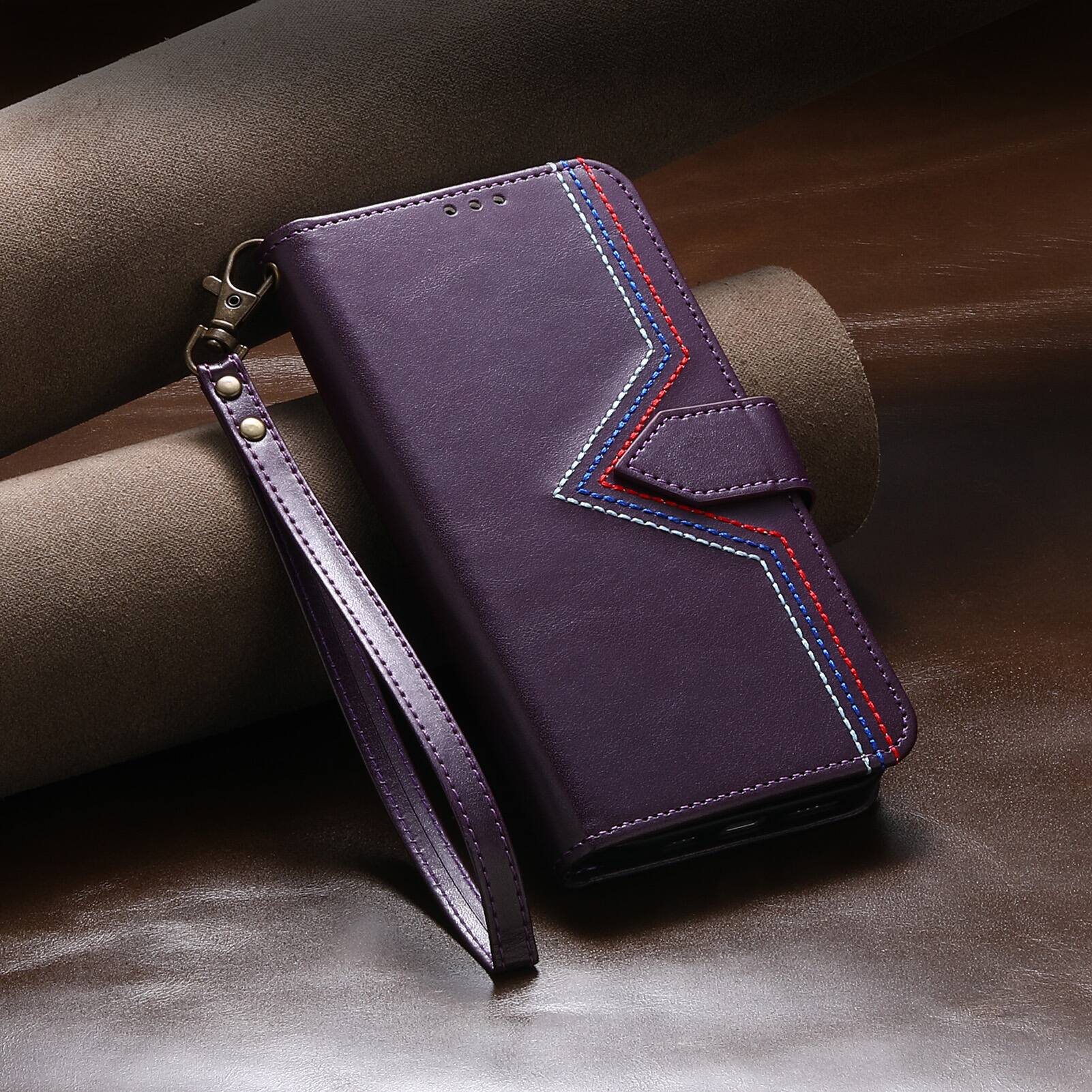 Back. Dteck - Wallet Phone Case for Google Pixel 11 Pro XL with Wrist Strap, Slim Shockproof Leather Kickstand Folio Protective Cover - Purple.