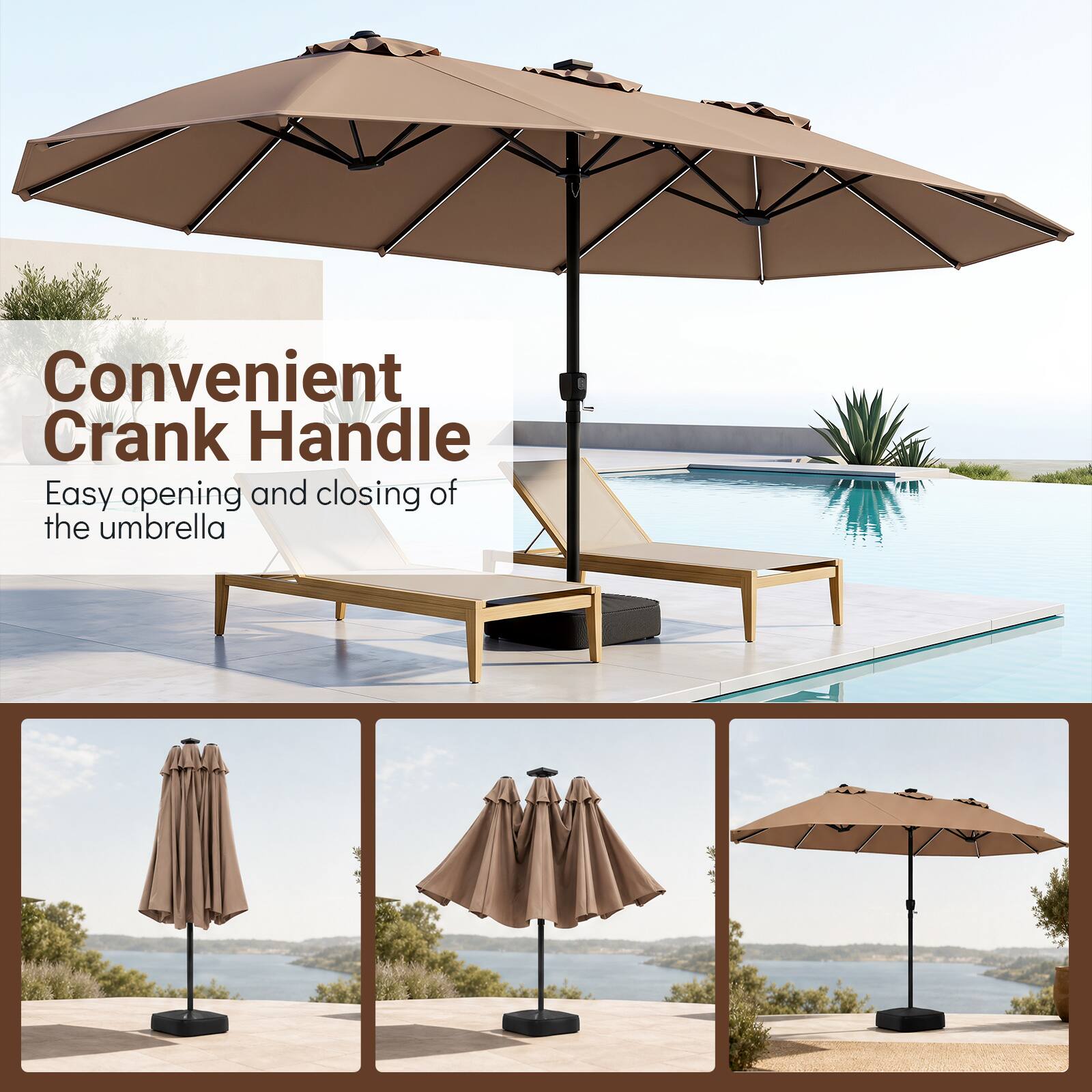Convenient Crank Handle  
Easy opening and closing of the umbrella
