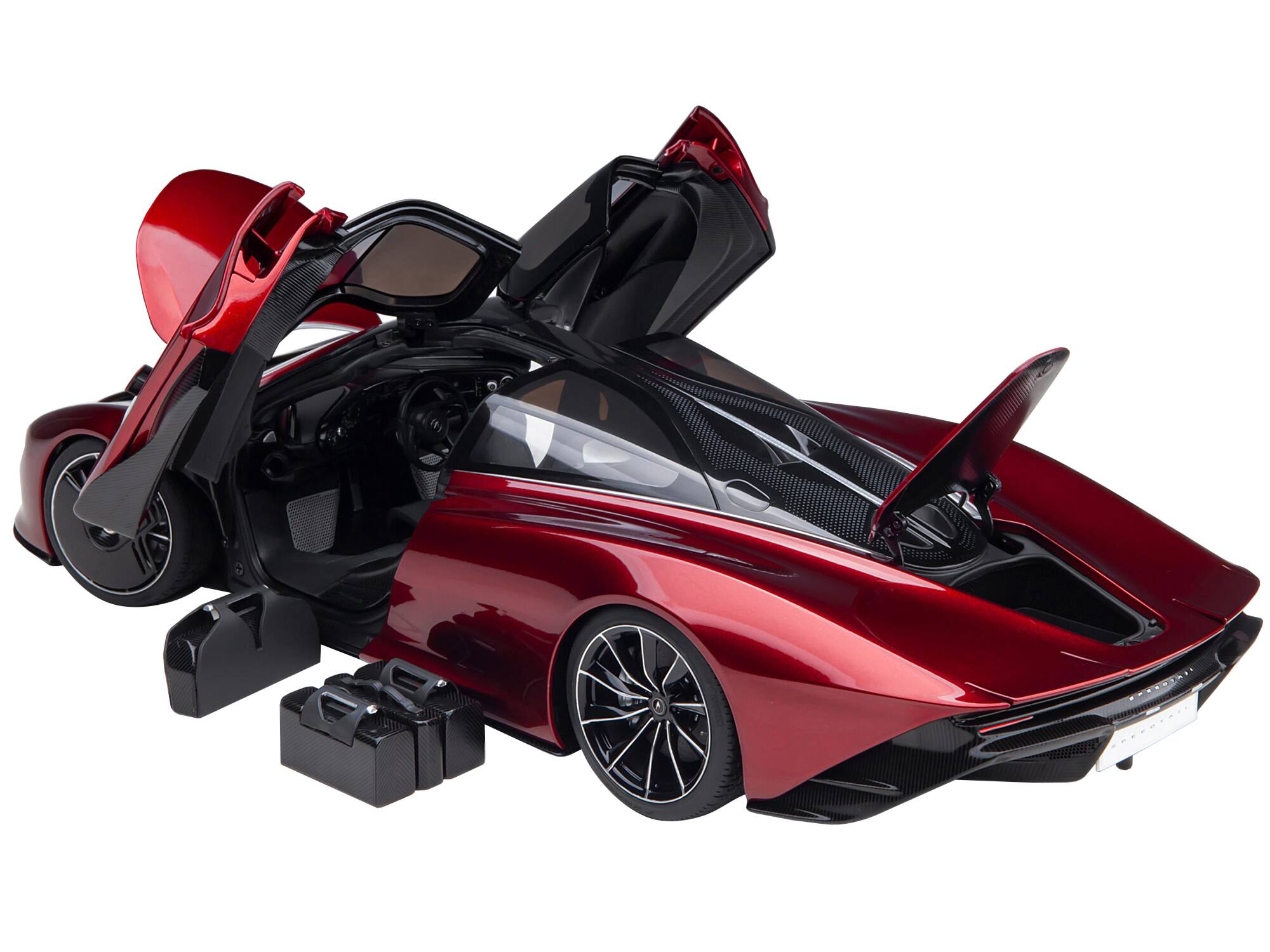 Angle. Autoart - McLaren Speedtail Volcano Red Metallic with Black Top and Suitcase Accessories 1/18 Model Car by Autoart - Volcano Red Metallic With Black.